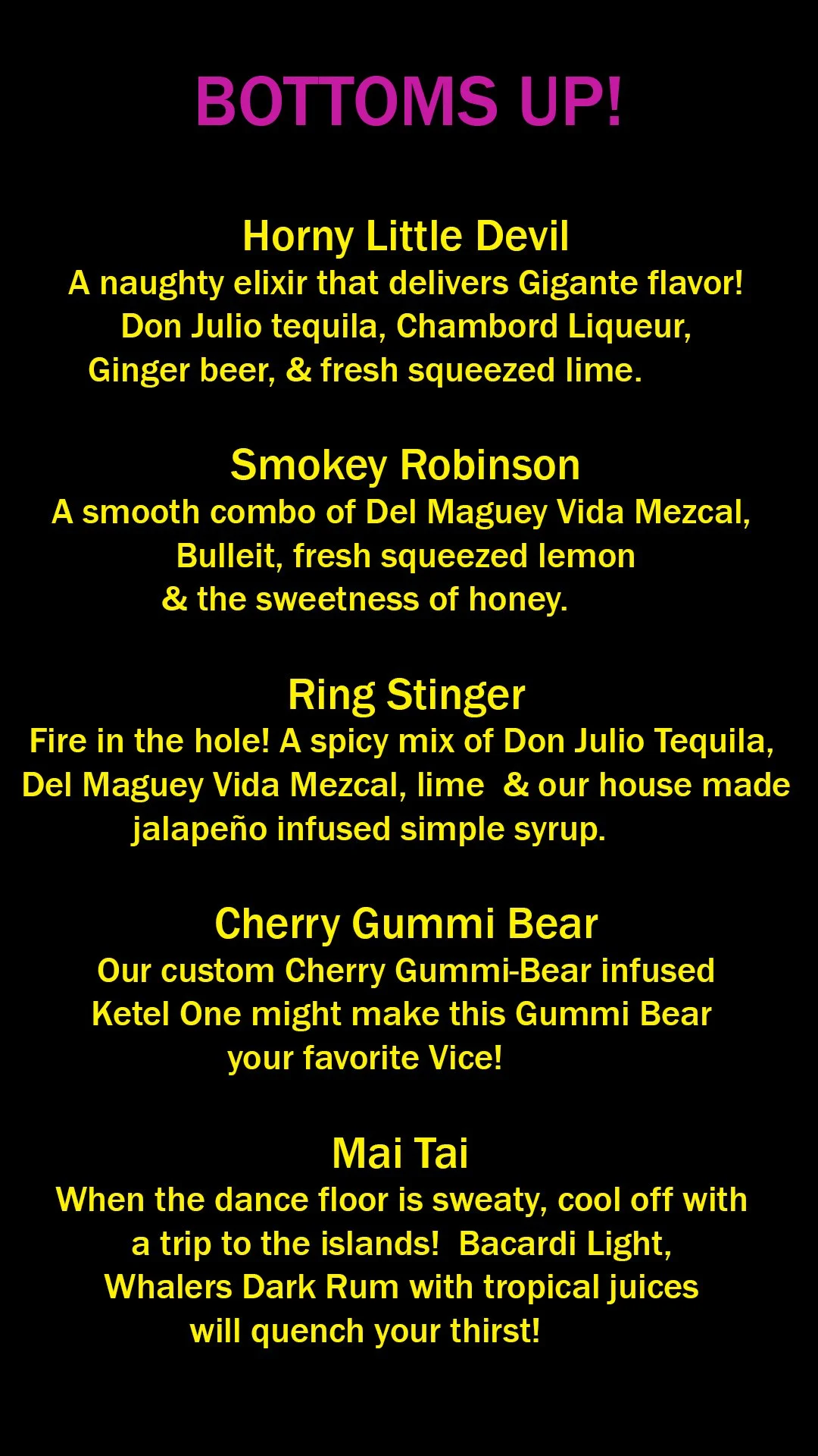 A drink menu titled 'BOTTOMS UP!' with descriptions of various cocktails including Horny Little Devil, Smokey Robinson, Ring Stinger, Cherry Gummi Bear, and Mai Tai, each with ingredients listed.