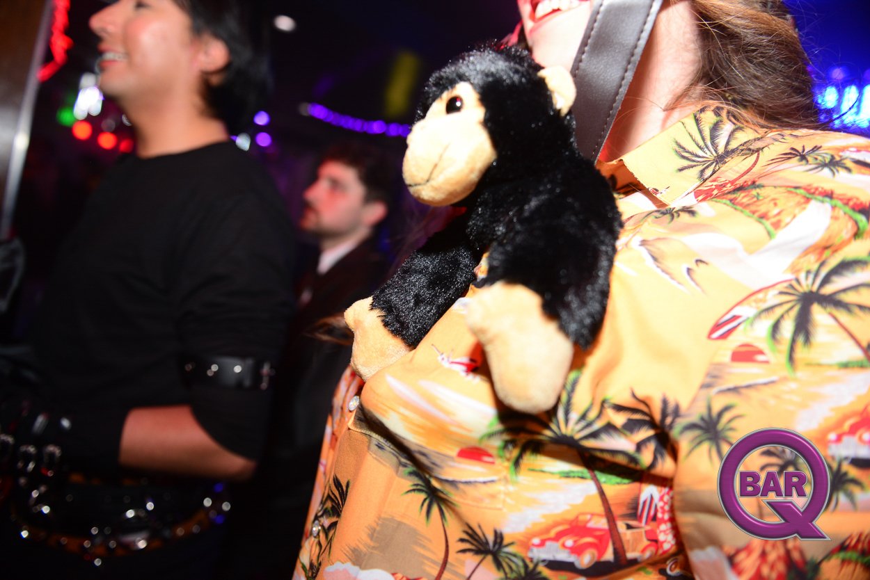 Person wearing a yellow Hawaiian shirt with a palm tree pattern and a plush black and tan koala bear hanging from shoulder at a bar event.