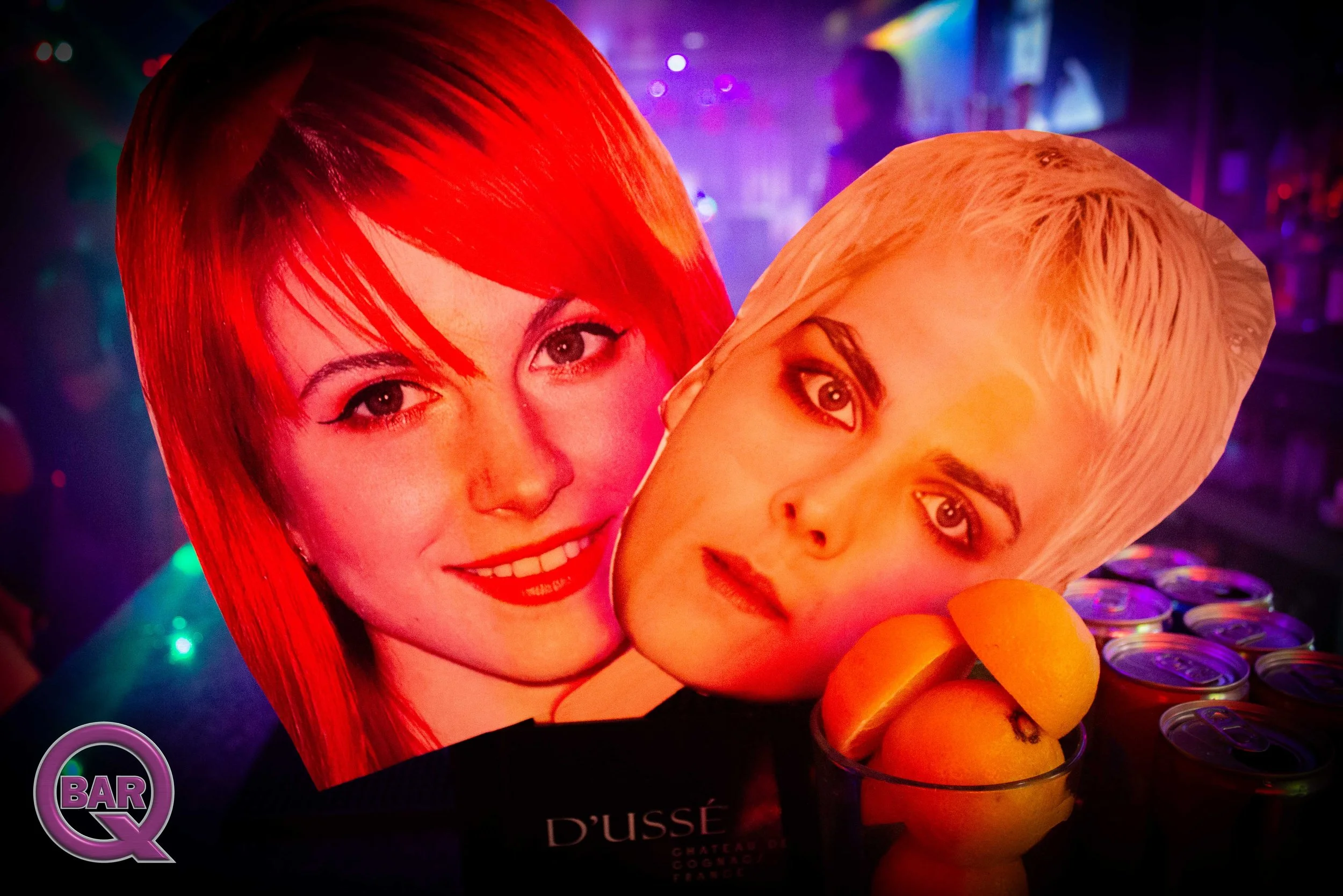 Close-up of two women’s faces, one with bright red hair and makeup, the other with blonde hair and makeup, in a colorful, nightlife setting with neon lights, drinks, and a sign that reads 'BAR'.