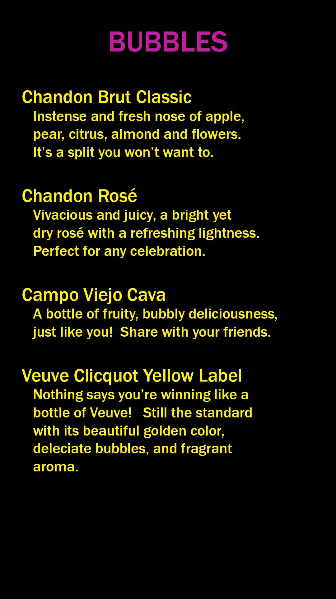 A menu with bottles of sparkling wine and descriptions of each. The menu has a black background with colorful headings and text, highlighting different types of sparkling wines and their characteristics, including Chandon Brut Classic, Chandon Rosé, 
