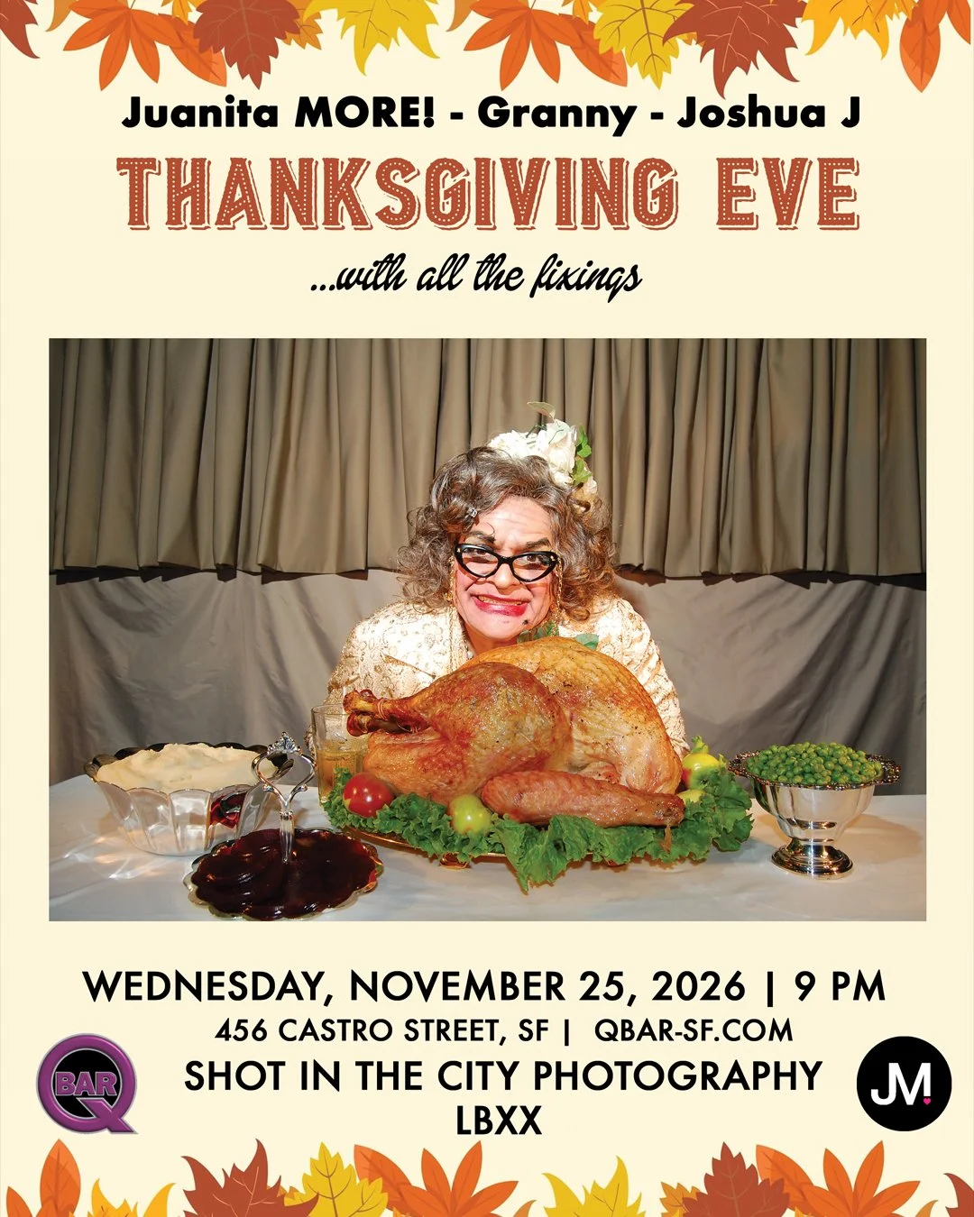 Flyer for Juanita More's Booty Call Wednesdays Thanksgiving Eve Wed Nov 25th 9pm