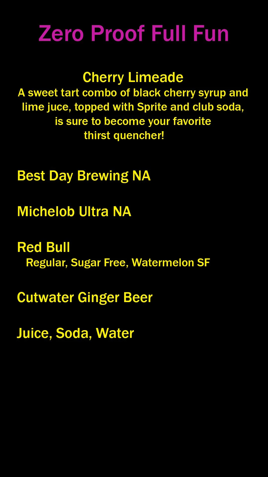 Menu poster with the title 'Zero Proof Full Fun' in purple at the top. Below, it lists drinks including Cherry Limeade, Best Day Brewing NA, Michelob Ultra NA, Red Bull, Cutwater Ginger Beer, and Juice, Soda, Water, with descriptions and details in y