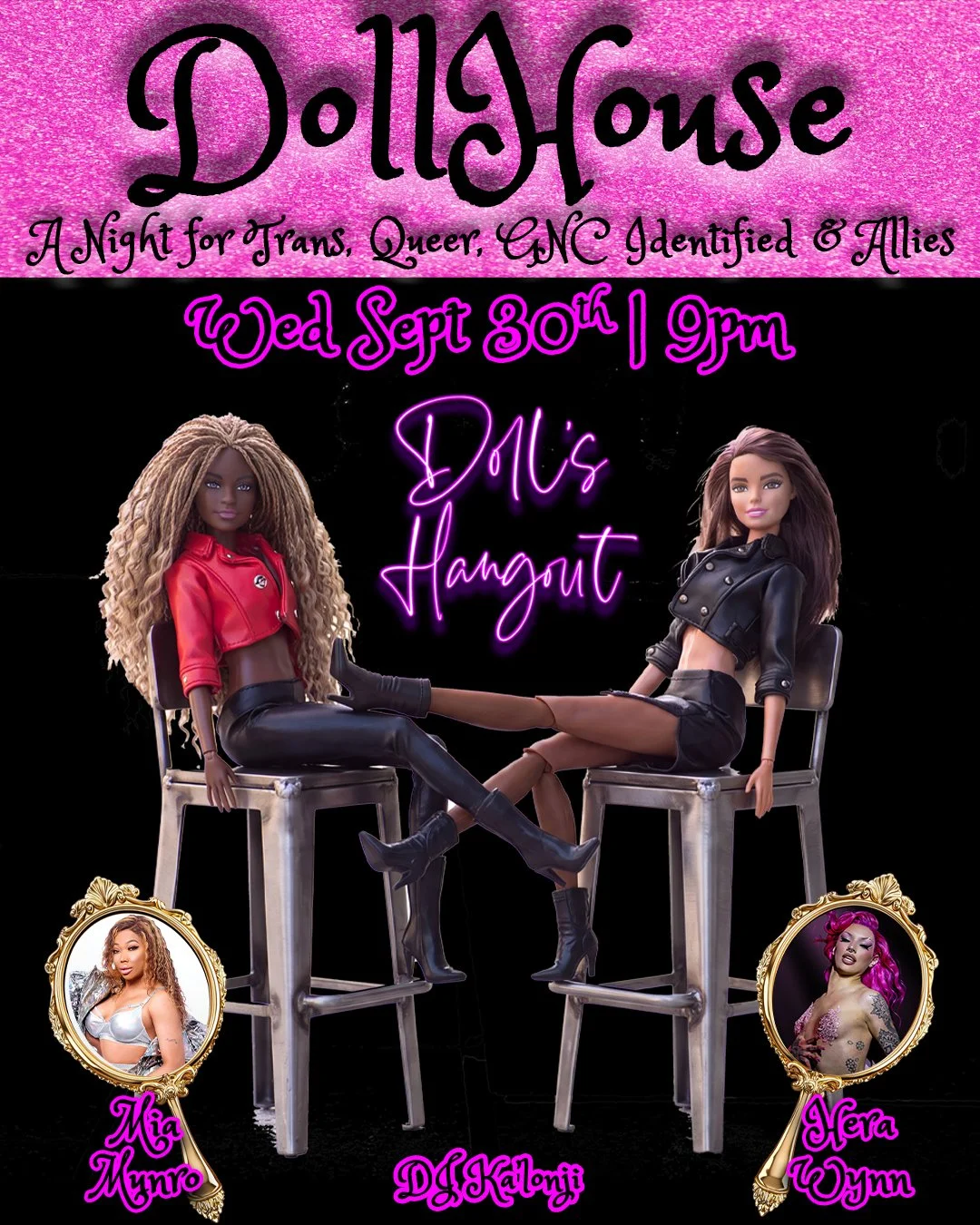 Flyer for Dollhouse Doll's Hangout Wed Sept 30th 9pm Hosts Mia Munro & Hera Wynn
