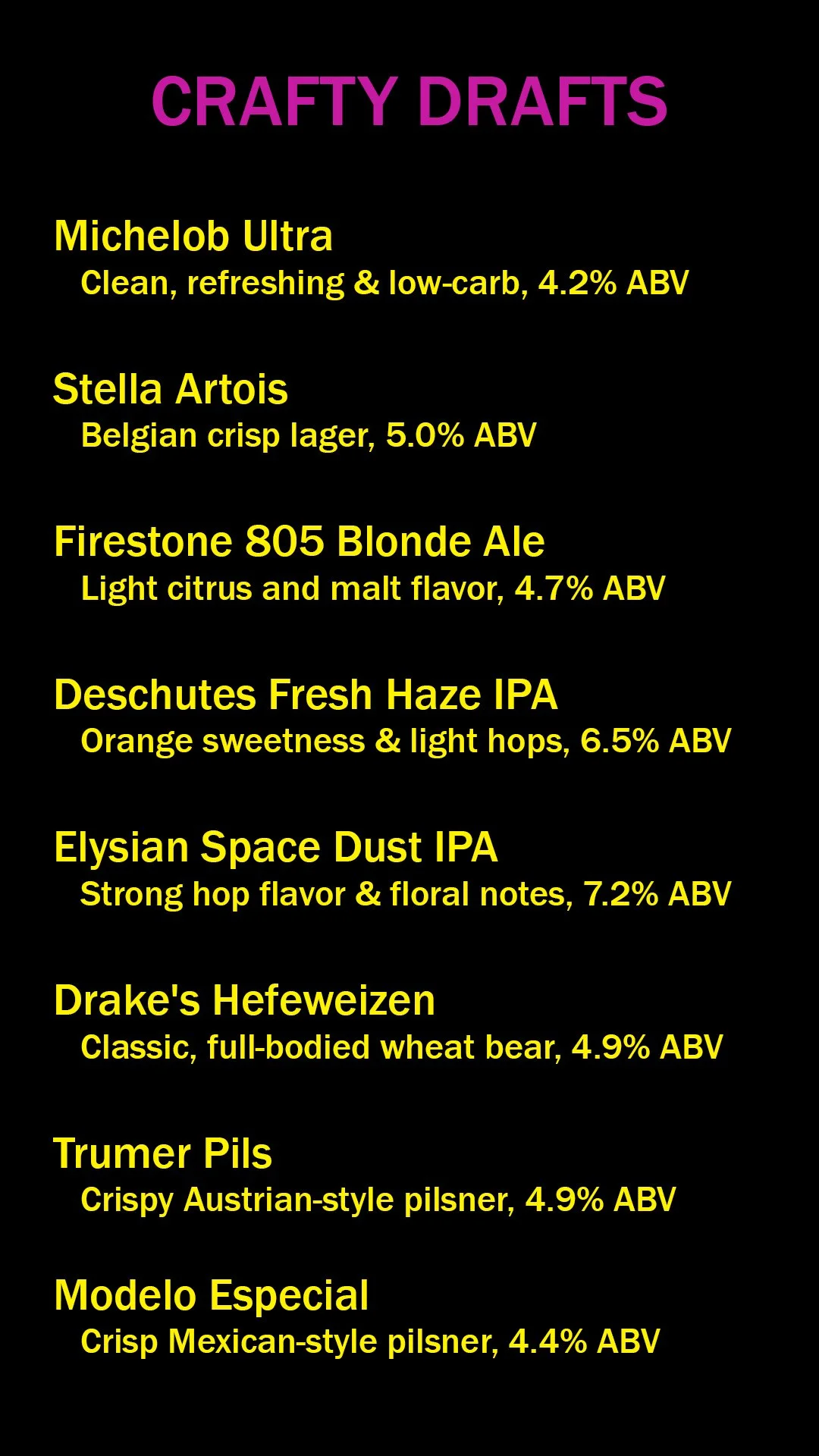 A black background with a list of craft beers, including names, descriptions, and alcohol content percentages in yellow and purple text.