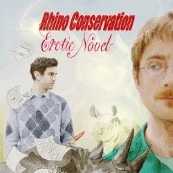 Promotional poster for the movie 'Rino Conservation' featuring two characters, a young man with glasses and a mustache and a young woman, with a white pig in the background and cartoonish elements.