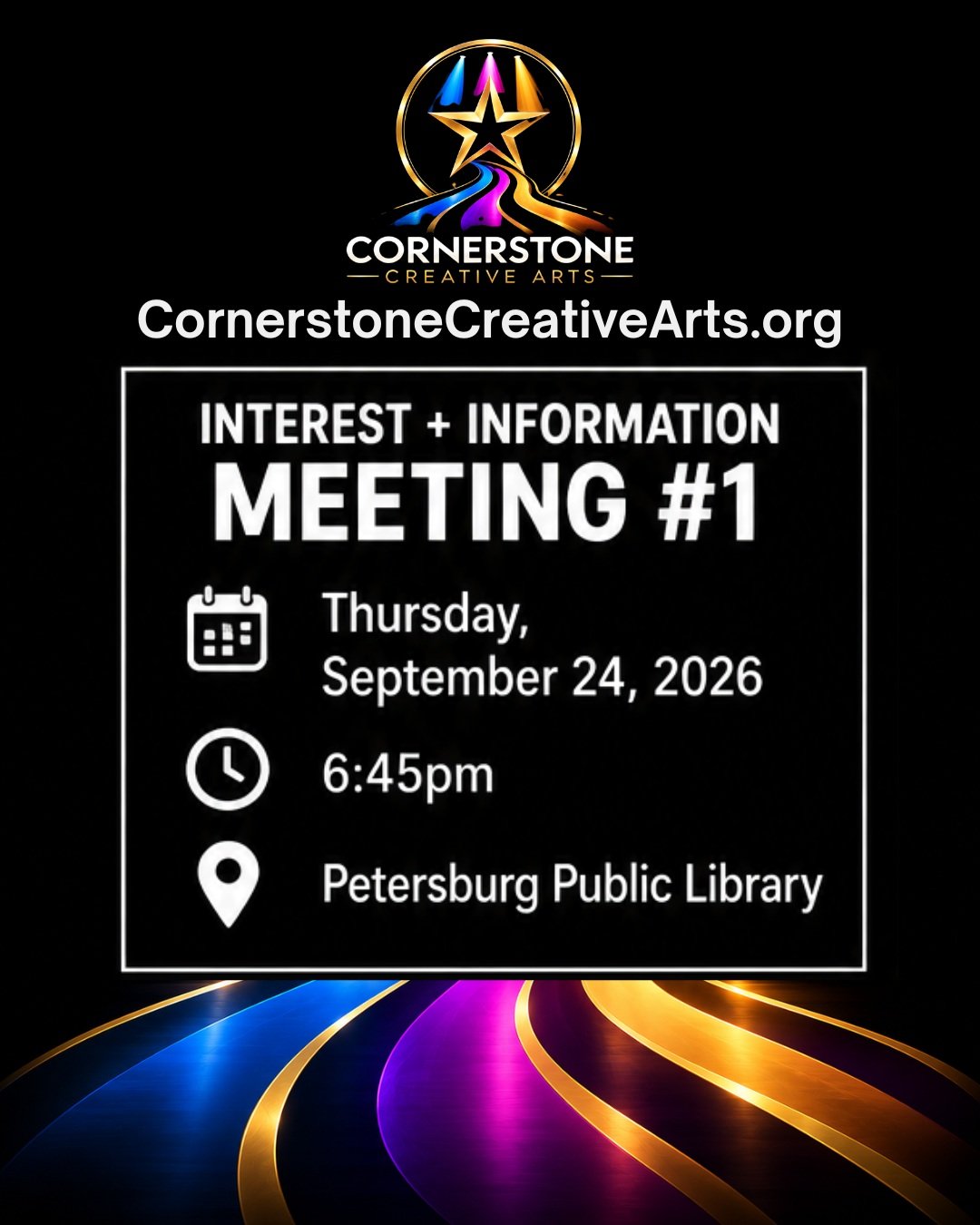 The stage is almost set!

Cornerstone Creative Arts is counting down to our Interest Meeting, and we&rsquo;re excited to share more about our mission, meet local students and community members, and introduce our first production: RENT!

📅 Thursday, 