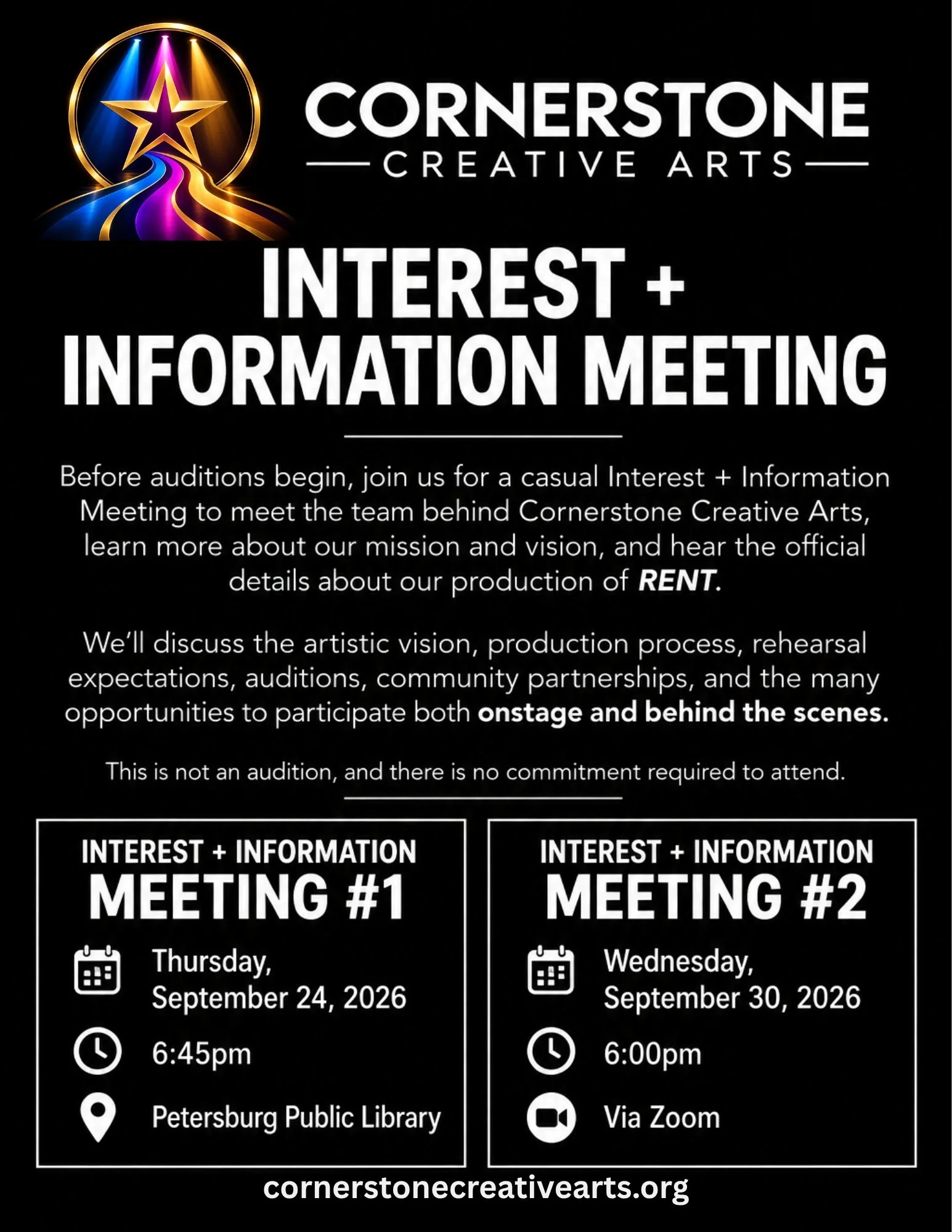 SOMETHING NEW IS TAKING THE STAGE.

We are incredibly excited to introduce CORNERSTONE CREATIVE ARTS &mdash; a new home for arts education, production, mentorship, creativity, and community right here in Petersburg, Virginia.

Built around a belief t