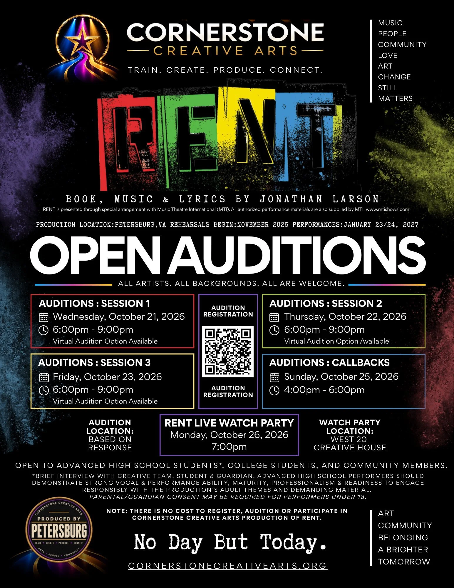 OPEN AUDITIONS &mdash; RENT
Book, Music &amp; Lyrics by Jonathan Larson
Presented by Cornerstone Creative Arts

Petersburg, it&rsquo;s your time to take the stage! We&rsquo;re seeking powerful voices, bold storytellers, and performers ready to bring 