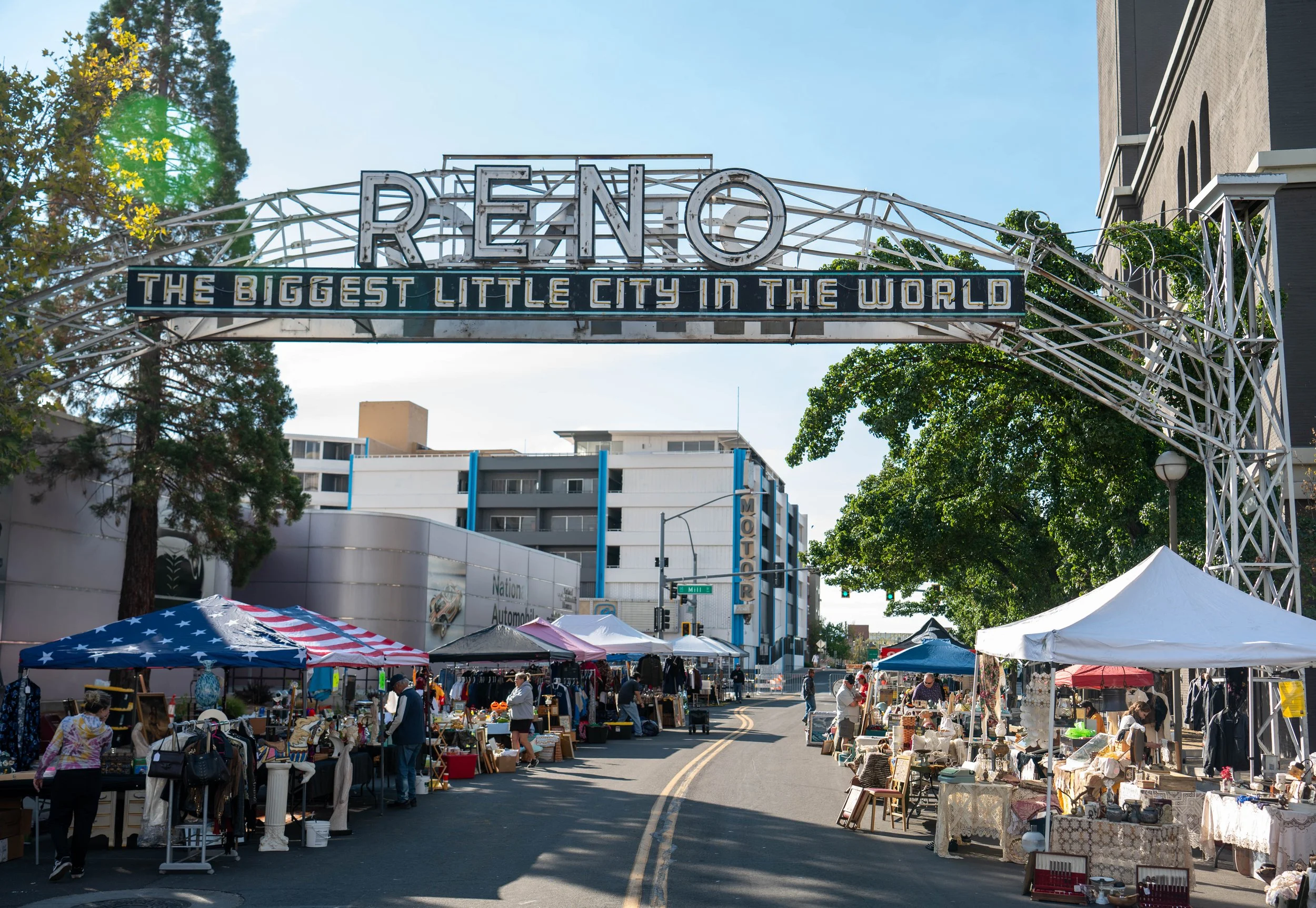 Beneath the Reno Arch, rows of booths turn a downtown street into a marketplace for antiques, vintage goods and collectibles.