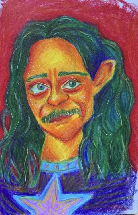 Colorful portrait of a person with long, wavy green hair, blue eyes, and a mustache, against a red background. Wears a dark shirt with a large, glowing star on the chest.