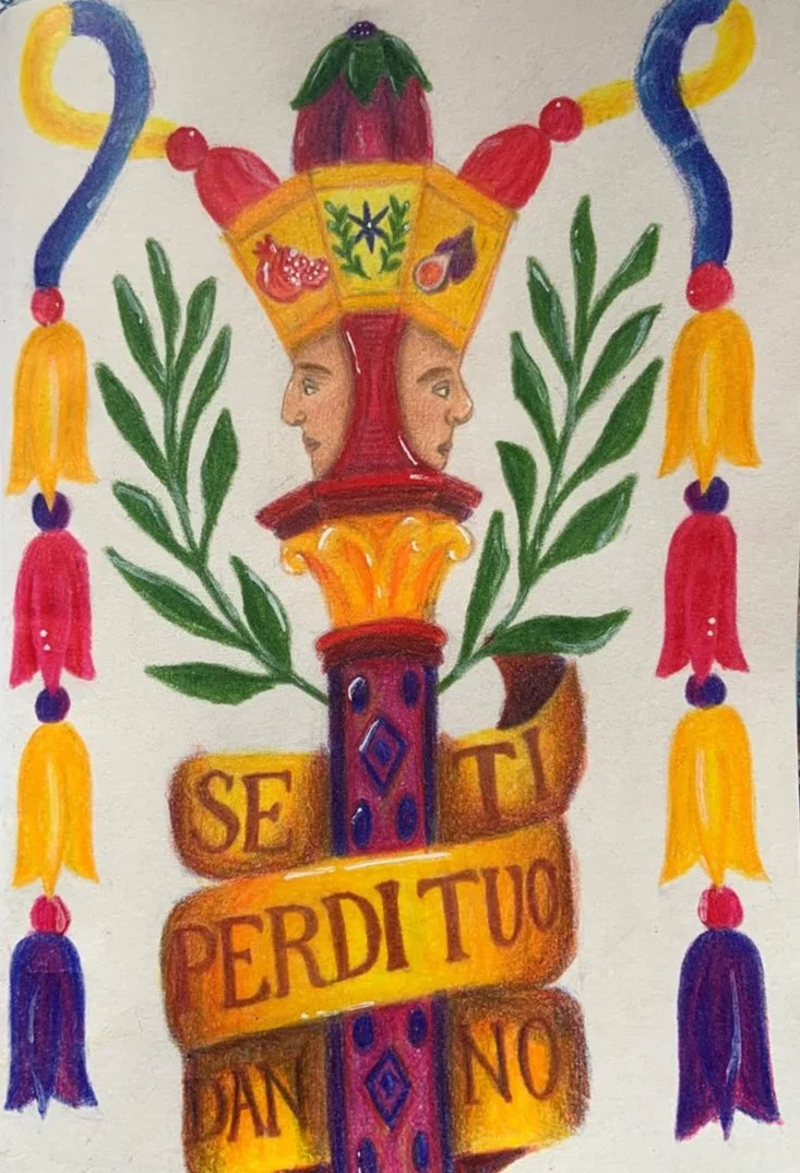 Colorful drawing of a traditional Mexican altar with a central column topped by the head of an indigenous woman and two side profiles of women. The altar features decorated banners, green leaves, and a banner with the phrase "SE PERDIO TU DONO" in Sp