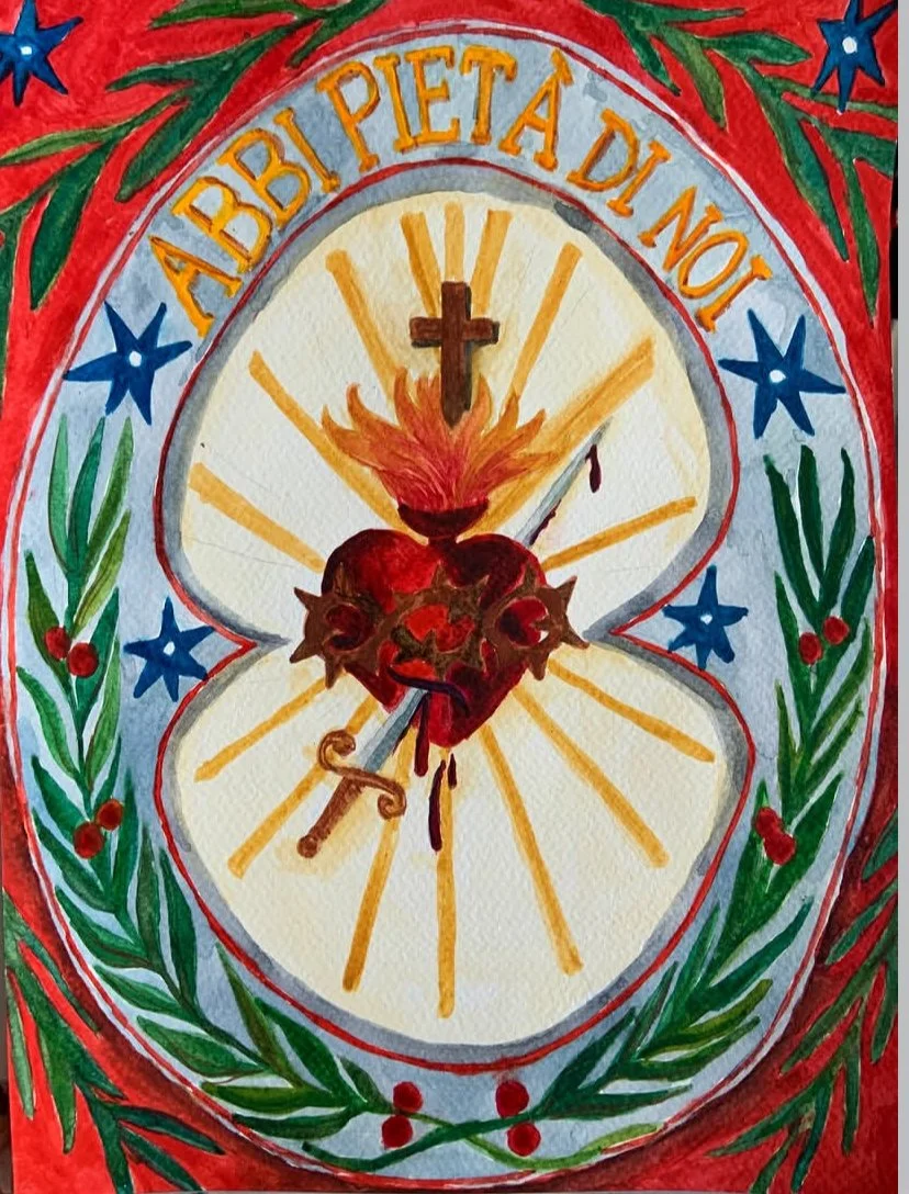Watercolor painting of a clock with the phrase "ABBI PIETA DI NON" at the top, surrounded by holly leaves and berries, with a central heart pierced by a dagger, flames, and a cross, symbolizing the religious and folkloric themes of Italy.
