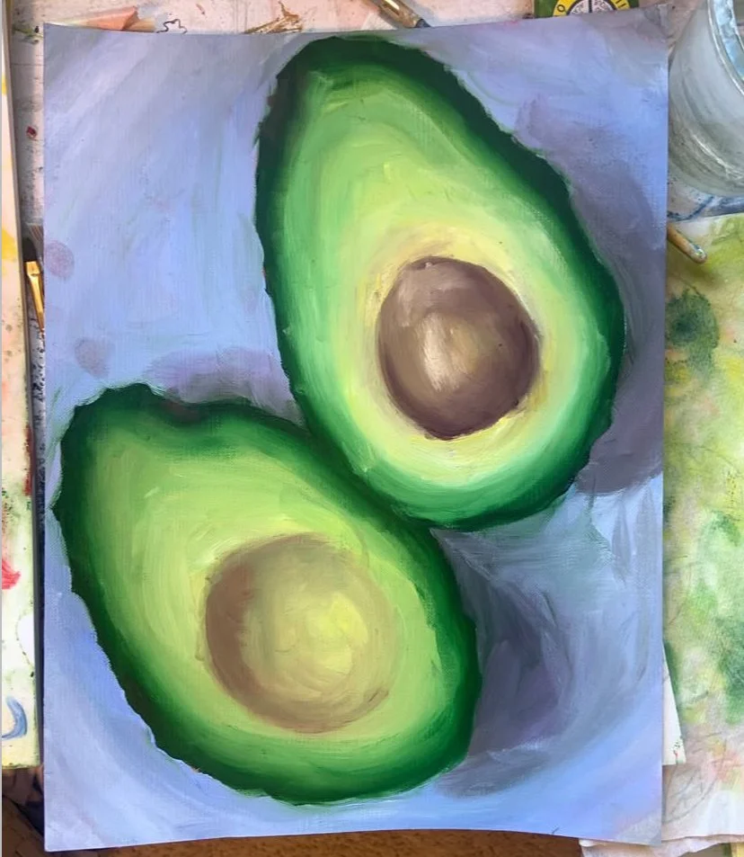Painting of two halved avocados with brown pits on a gray background.