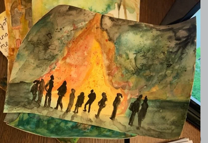 A watercolor painting of eight silhouetted people standing in a line, facing a bright, fiery explosion or burst of light, with abstract green and yellow clouds in the background.