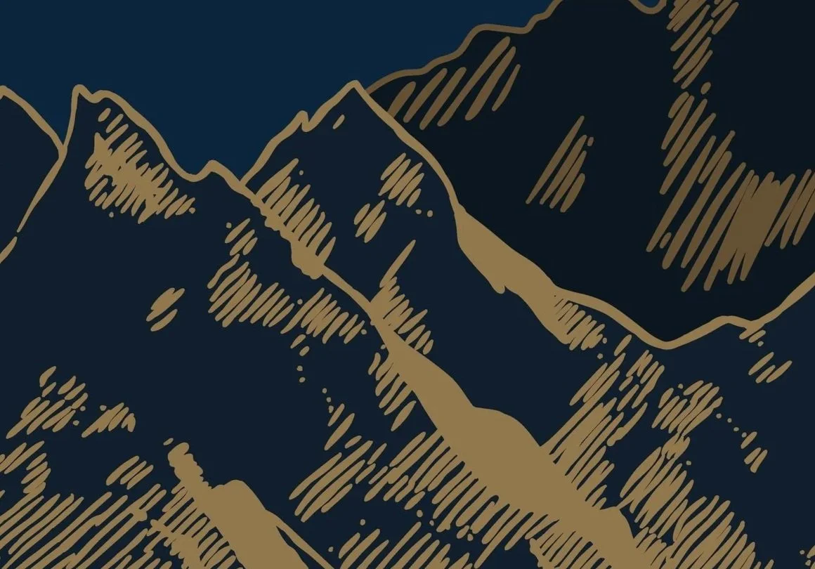 A stylized drawing of mountain peaks with lines and shading in shades of navy blue and gold.