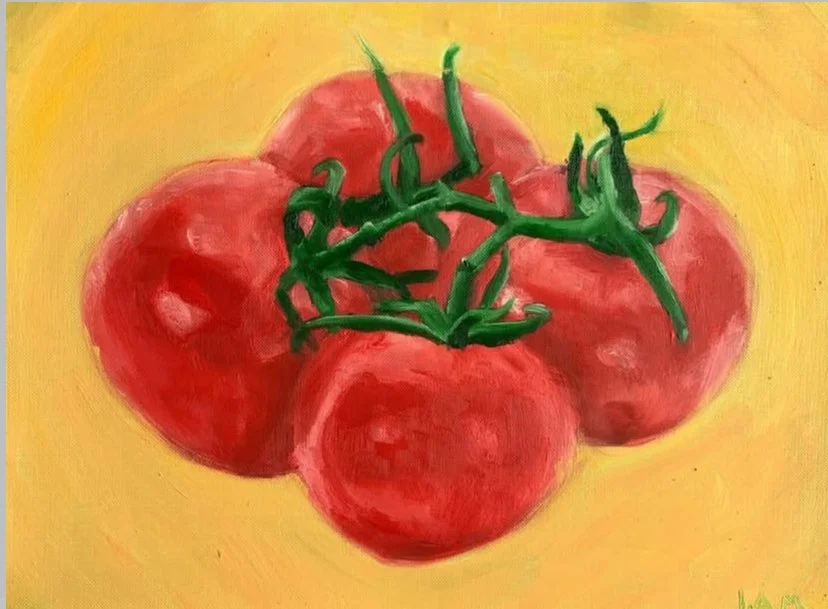 Painting of five red tomatoes with green stems on a yellow background.