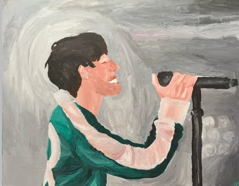 Painting of a person singing into a microphone on a stand, with a gray background.