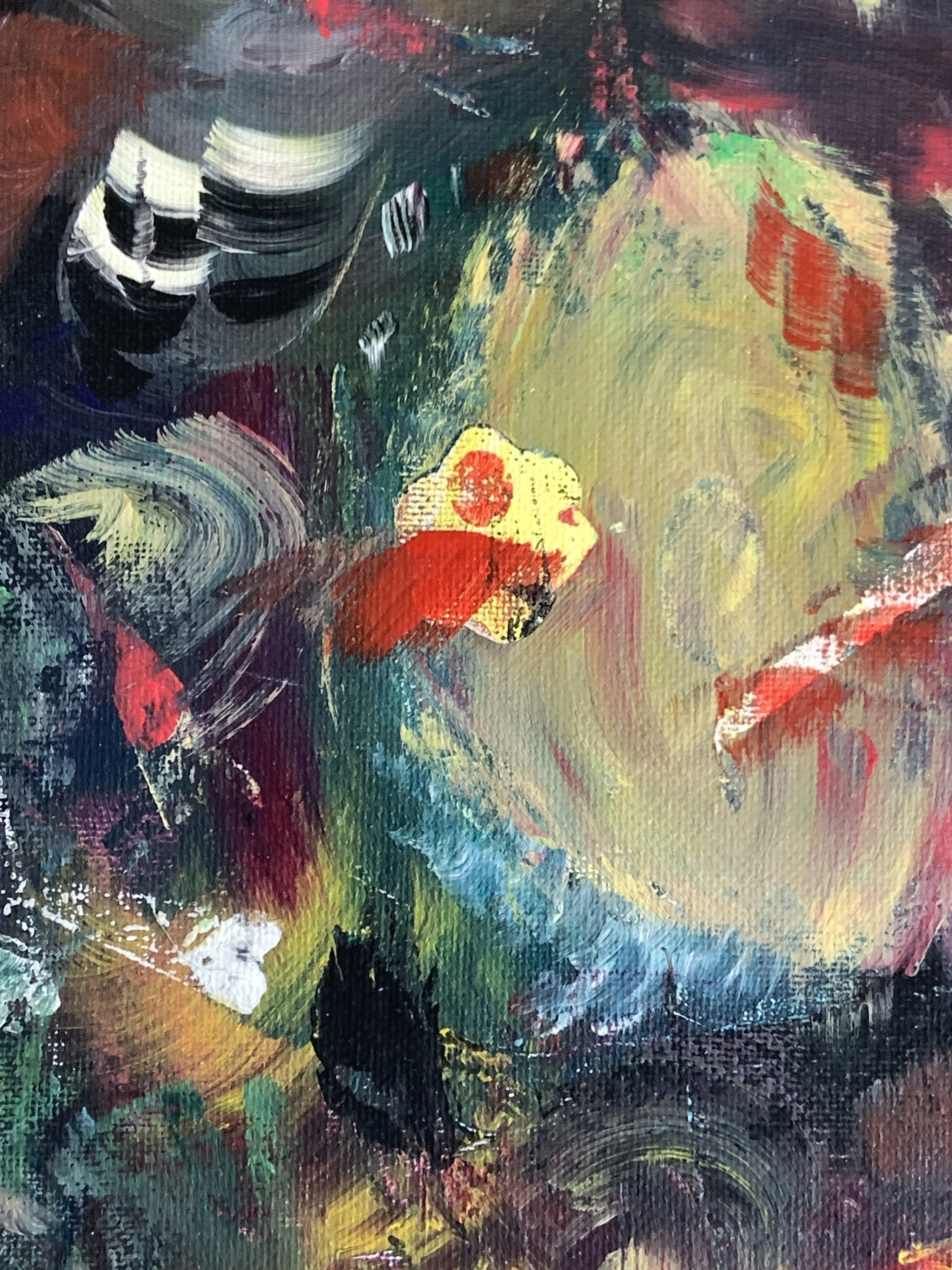 An abstract painting with vibrant colors including black, red, yellow, green, blue, and white, featuring swirling and textured brushstrokes.