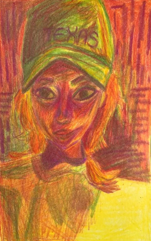Colorful drawing of a person wearing a cap, with a neutral expression, styled with vibrant orange, green, purple, and yellow hues.