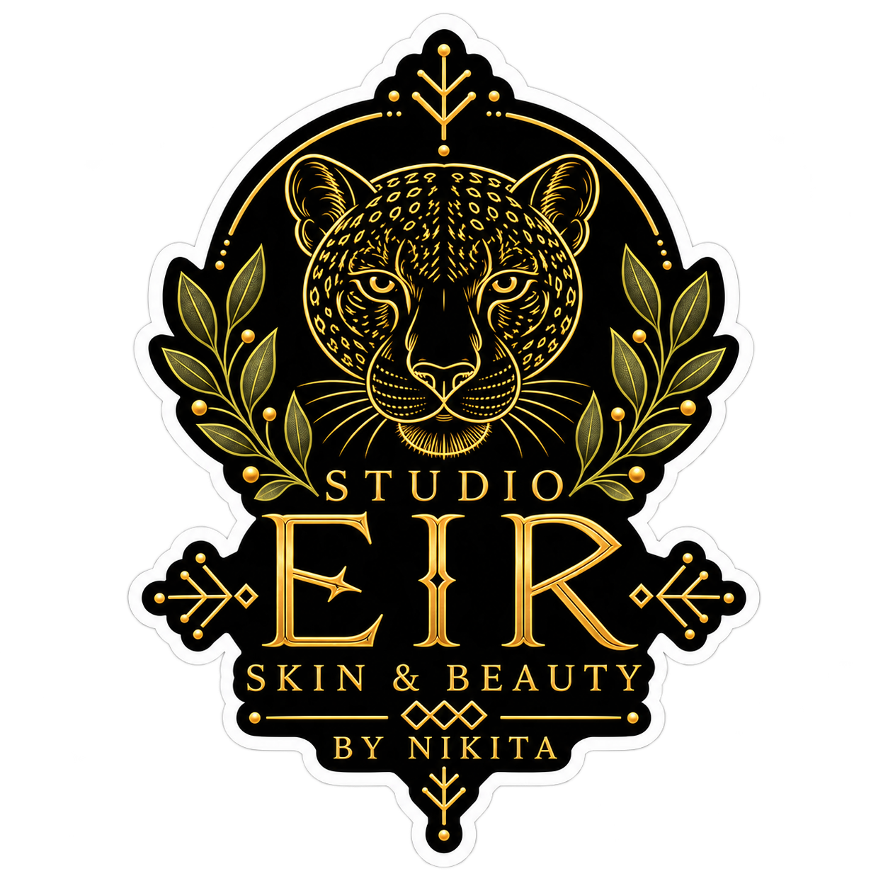 A logo for Studio Eir Skin & Beauty by Nikita featuring a gold and black design of a leopard's face with botanical elements and decorative accents.