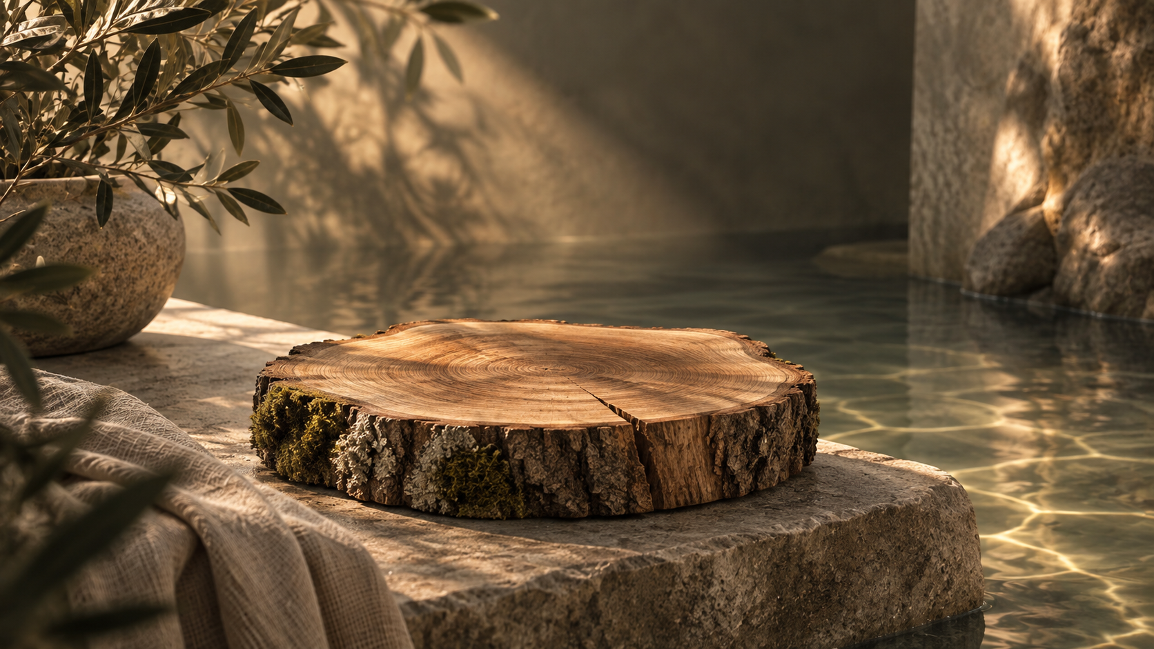 A cut tree stump on a stone surface near a body of water with a potted plant in the background, bathed in warm sunlight.