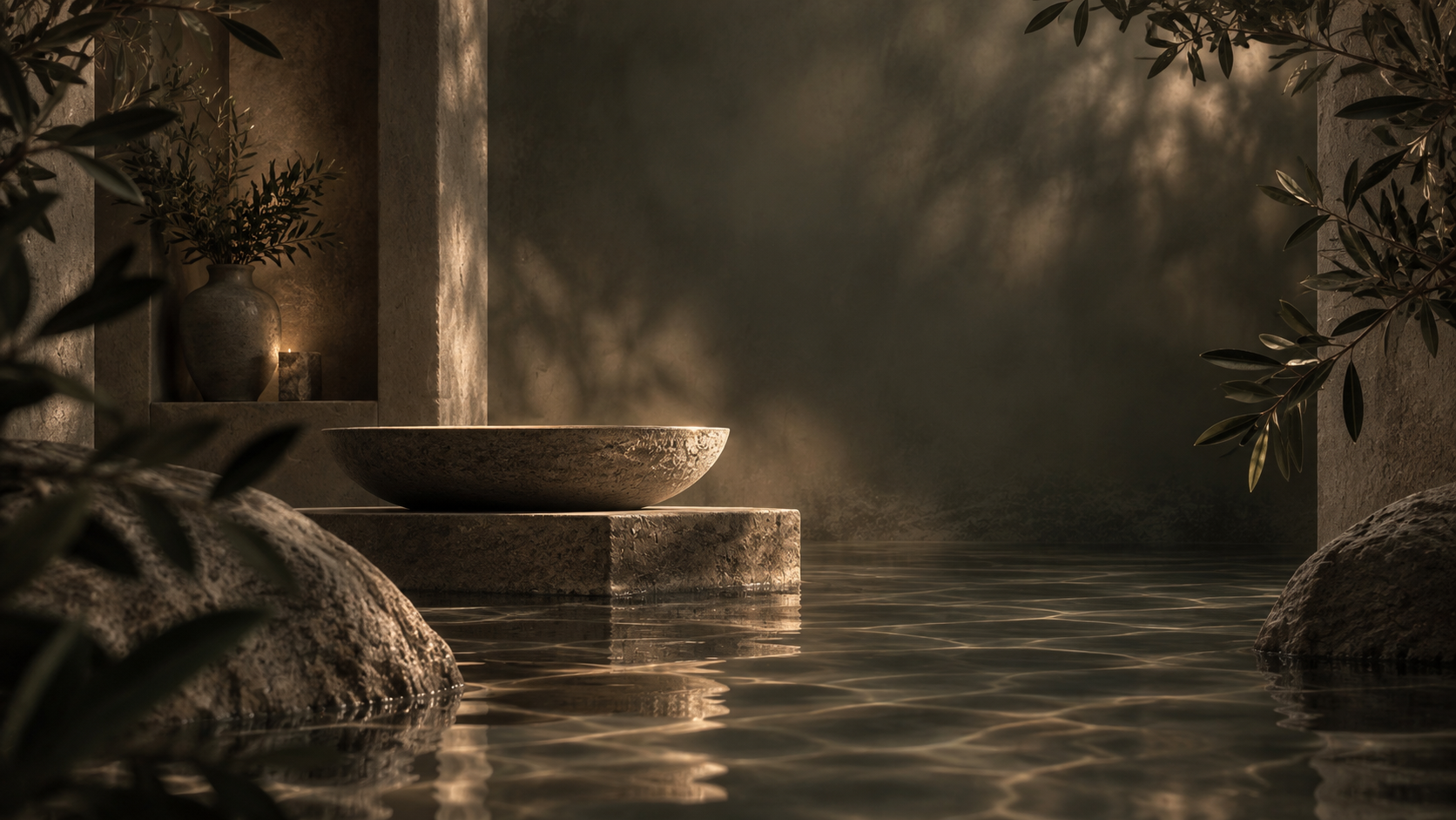Serene outdoor spa with a stone basin on a platform, surrounded by rocks and lush greenery, with soft lighting and a calm water surface.