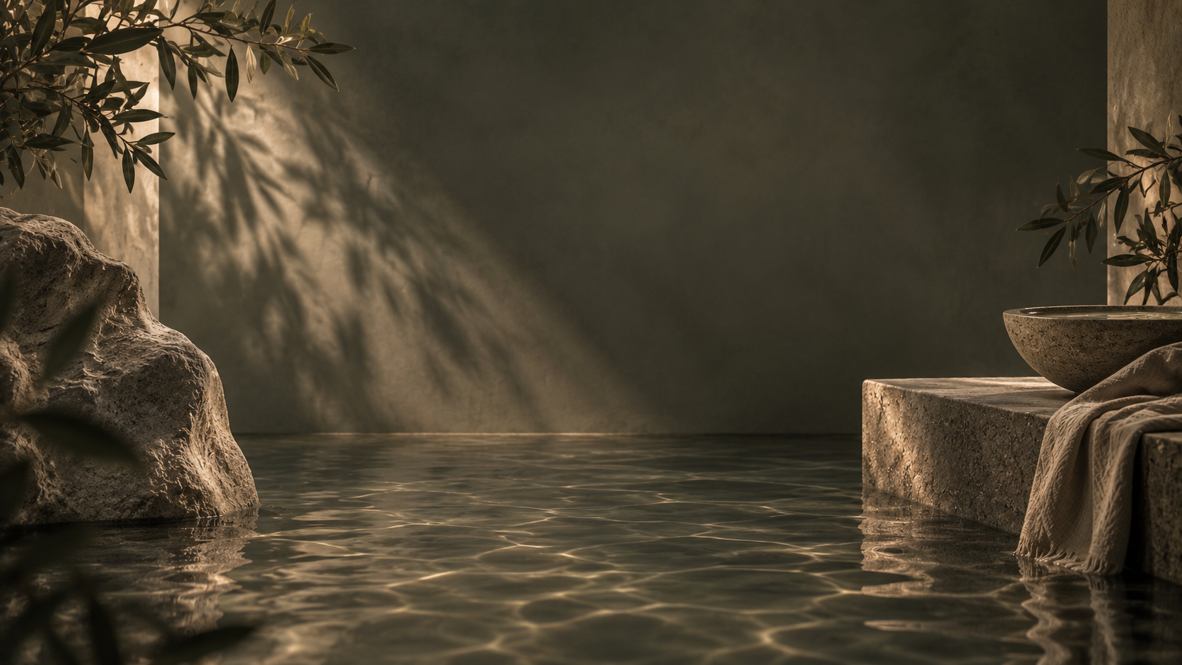A serene spa scene with stone elements, a water feature, plants, and soft lighting creating a tranquil atmosphere.