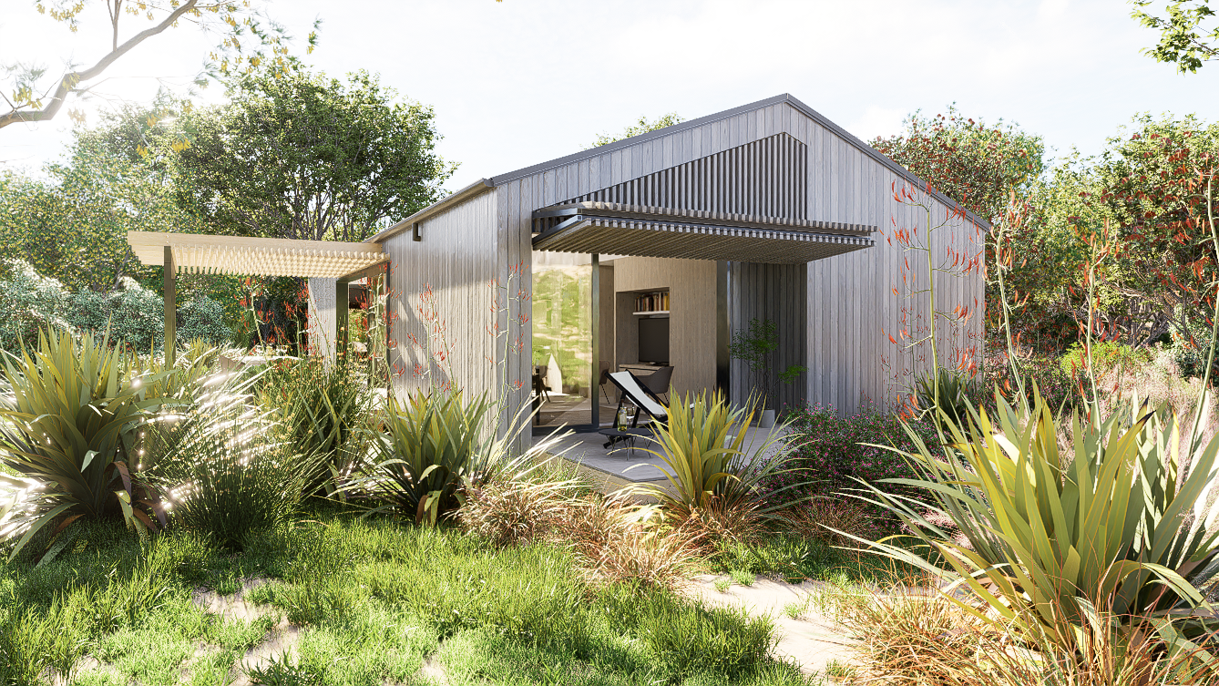 Architectural Land Staging is like Home staging, but for bare land. An example is shown in a modern house with gray wooden siding, surrounded by lush green plants, trees, and landscaping, with a patio area with chairs and a bookshelf inside.