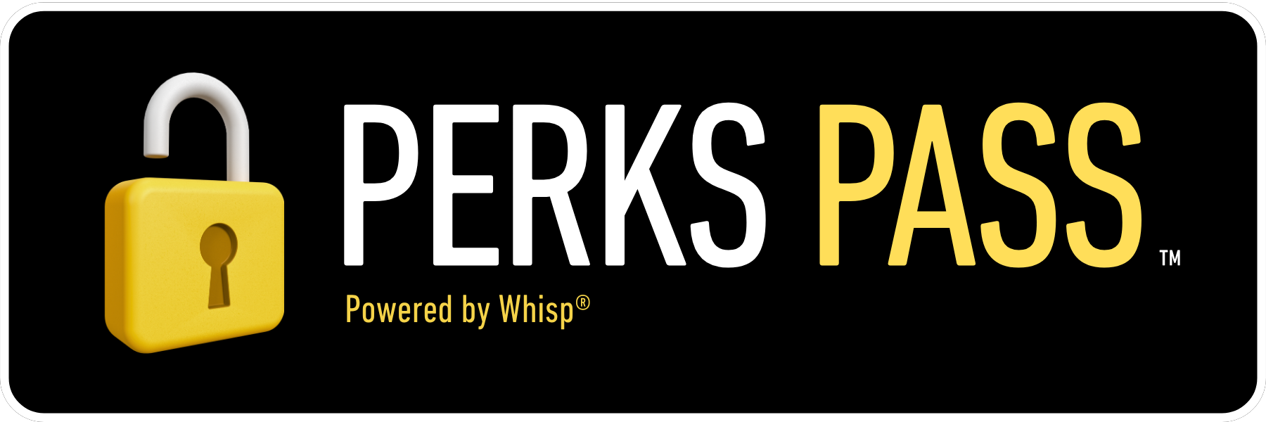Perks Pass card featuring a yellow padlock icon, with the text 'PERKS PASS' and 'Powered by Whisp' on a black background.