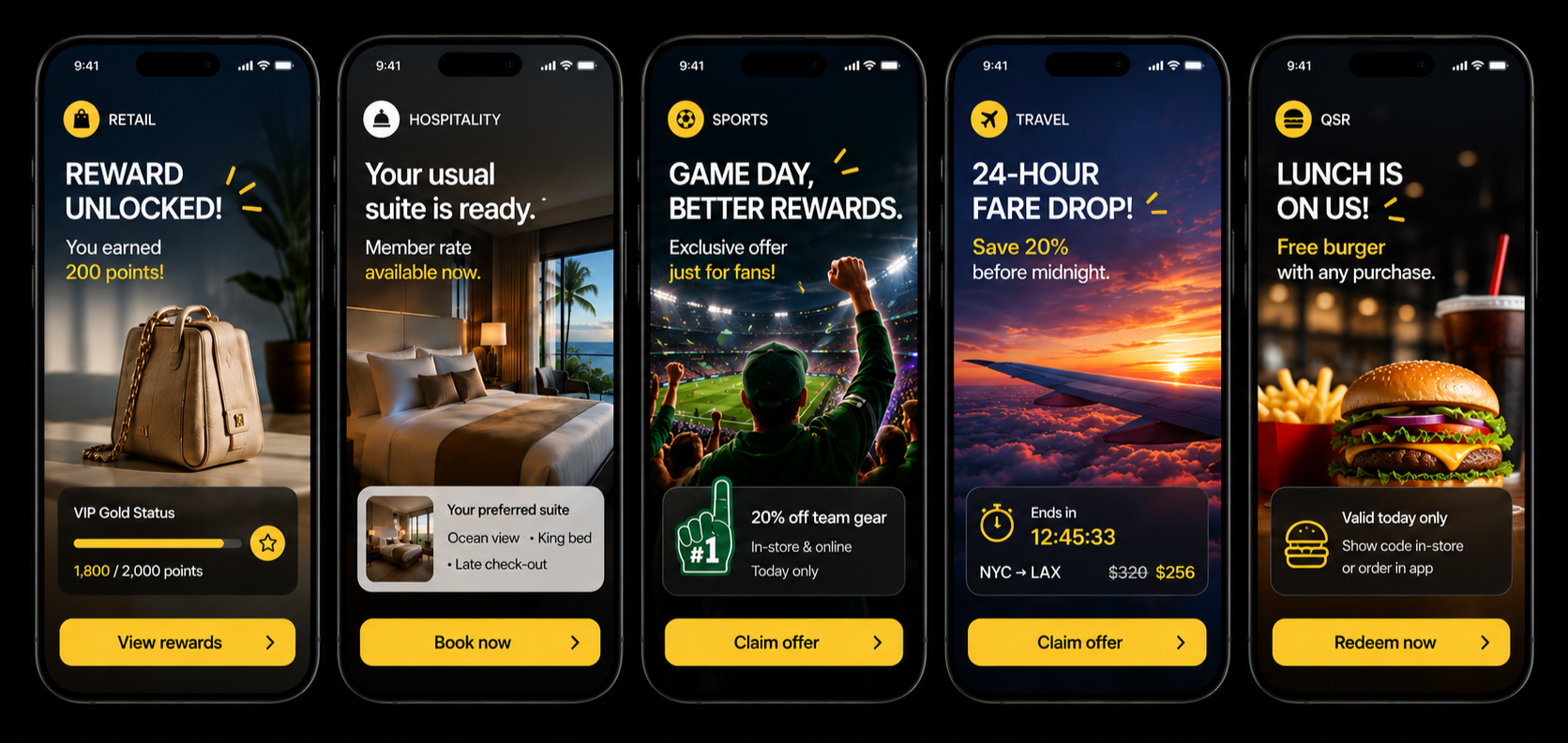 Screenshots of a mobile app displaying various rewards and offers for retail, hospitality, sports, travel, and QSR categories, with icons, text, and buttons.