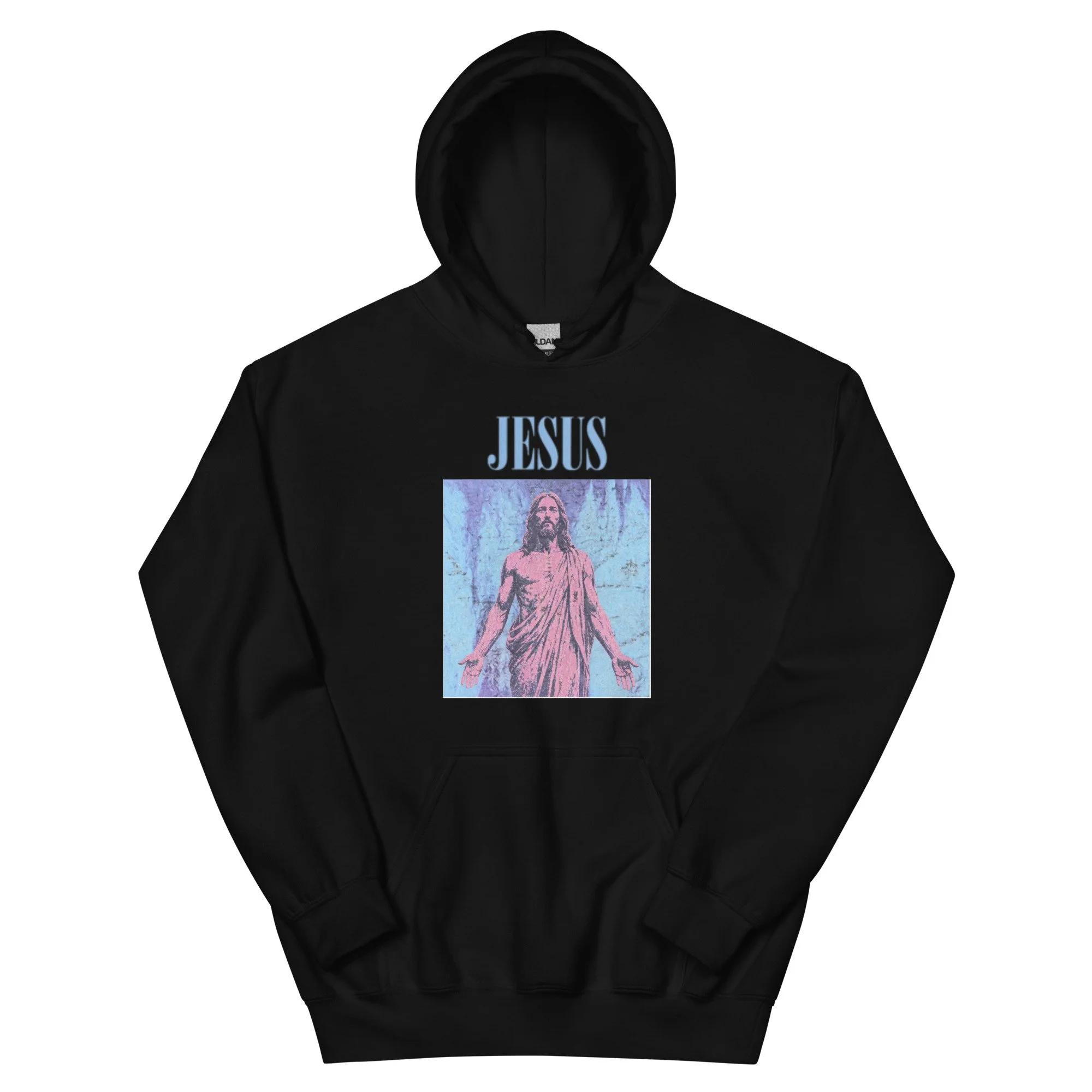 Black Fire Lane Jesus Silver Hoodie, front view on hanger