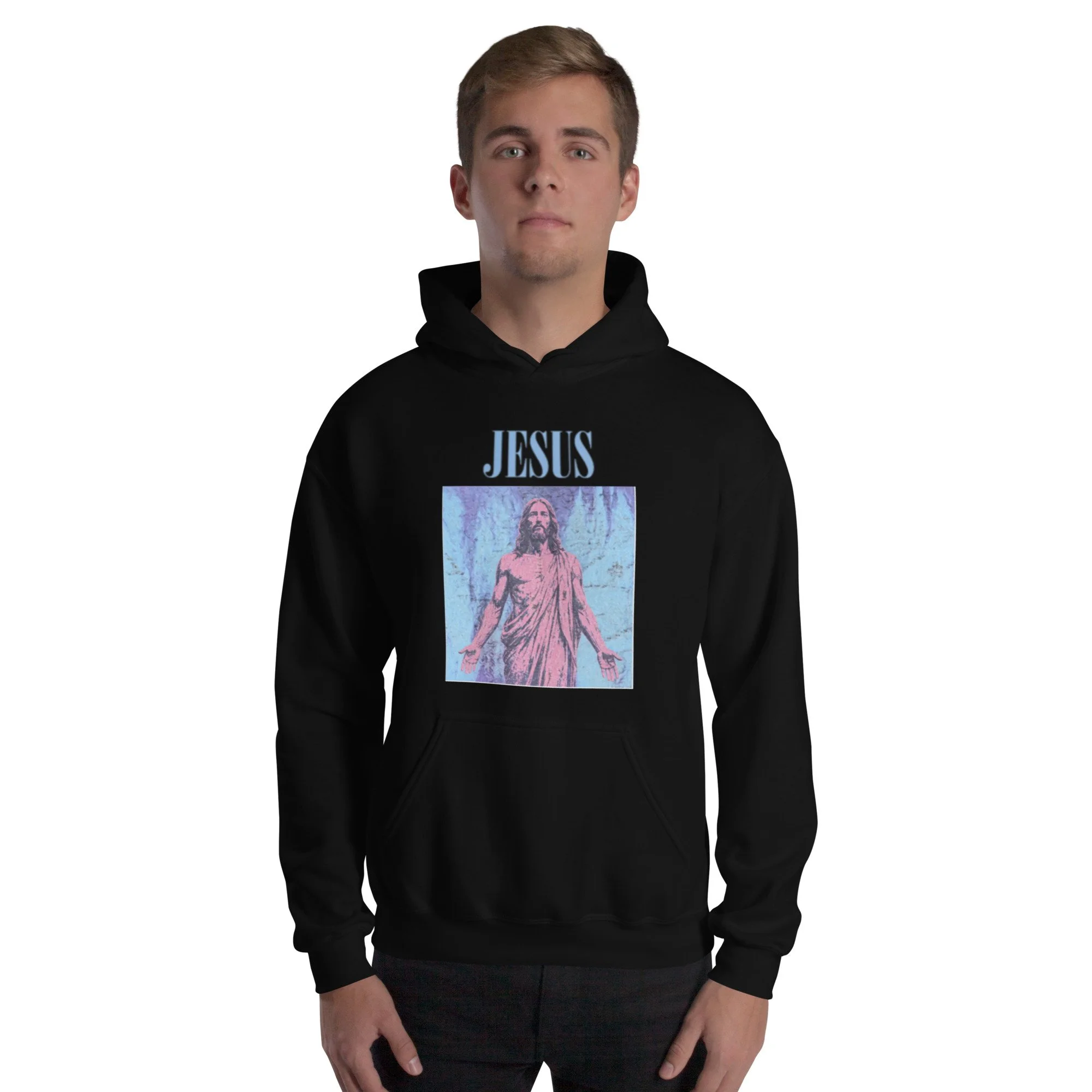 Man wearing black Fire Lane Jesus Silver Hoodie, front view