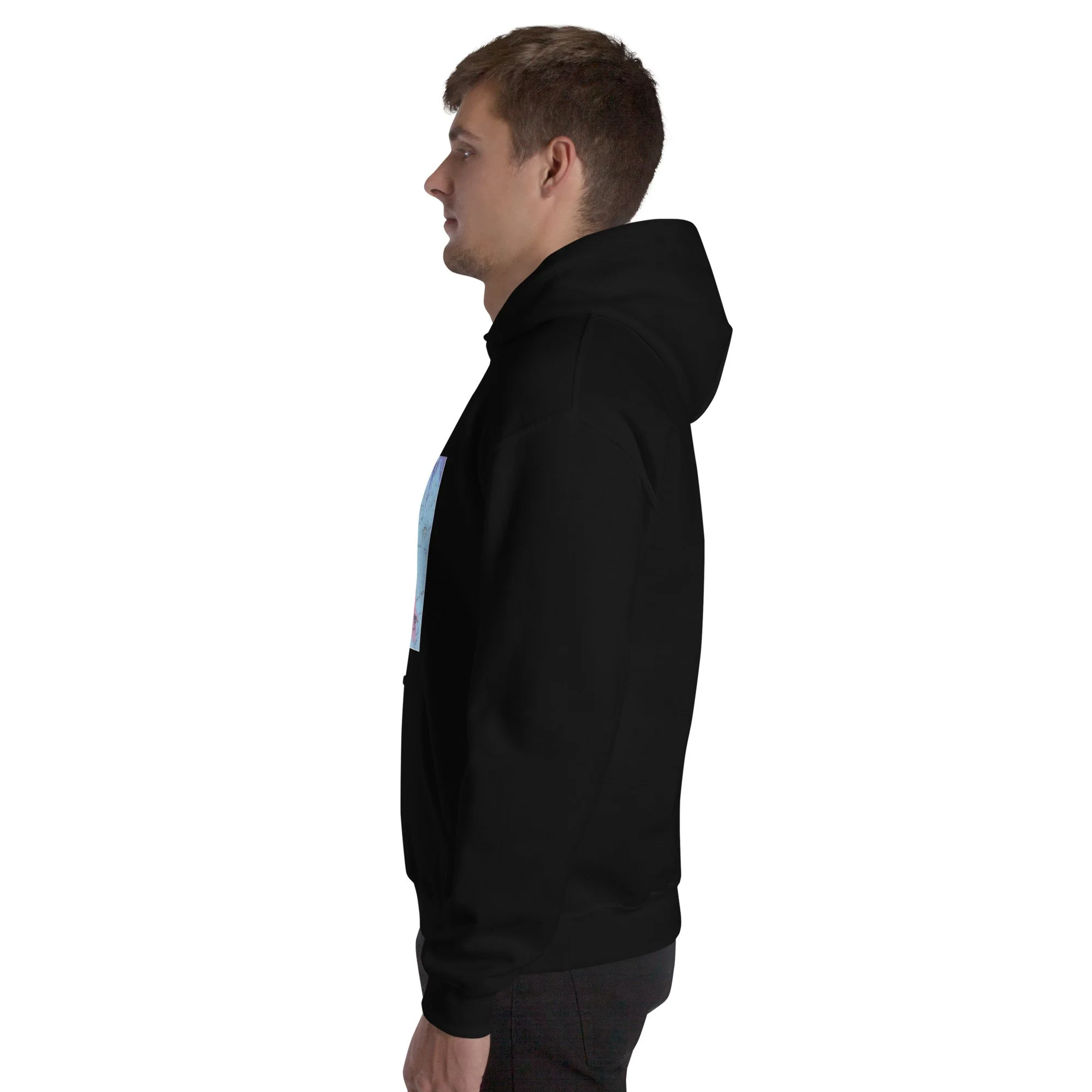 Man wearing black Fire Lane Jesus Silver Hoodie, side view