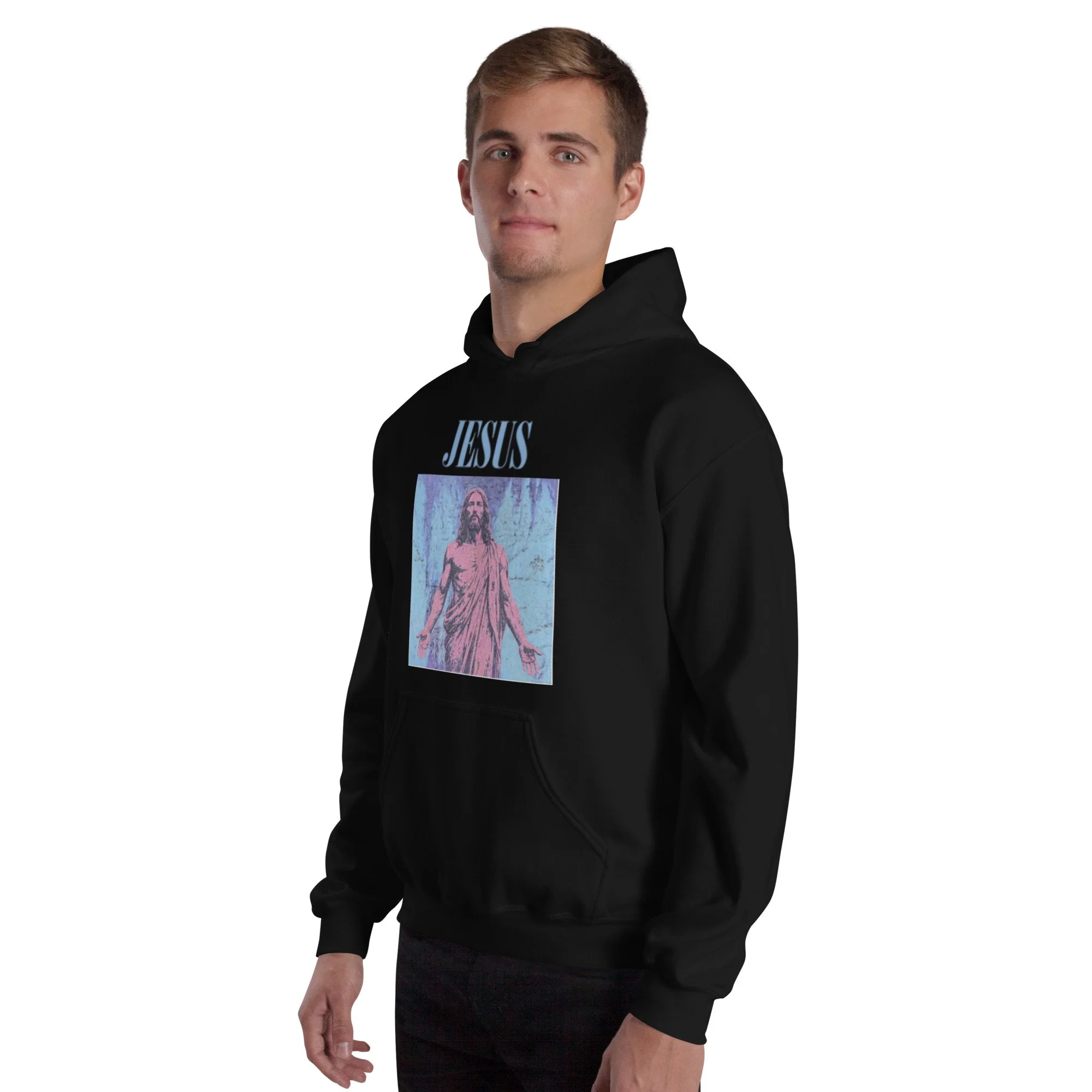Man wearing black Fire Lane Jesus Silver Hoodie, close-up front angle