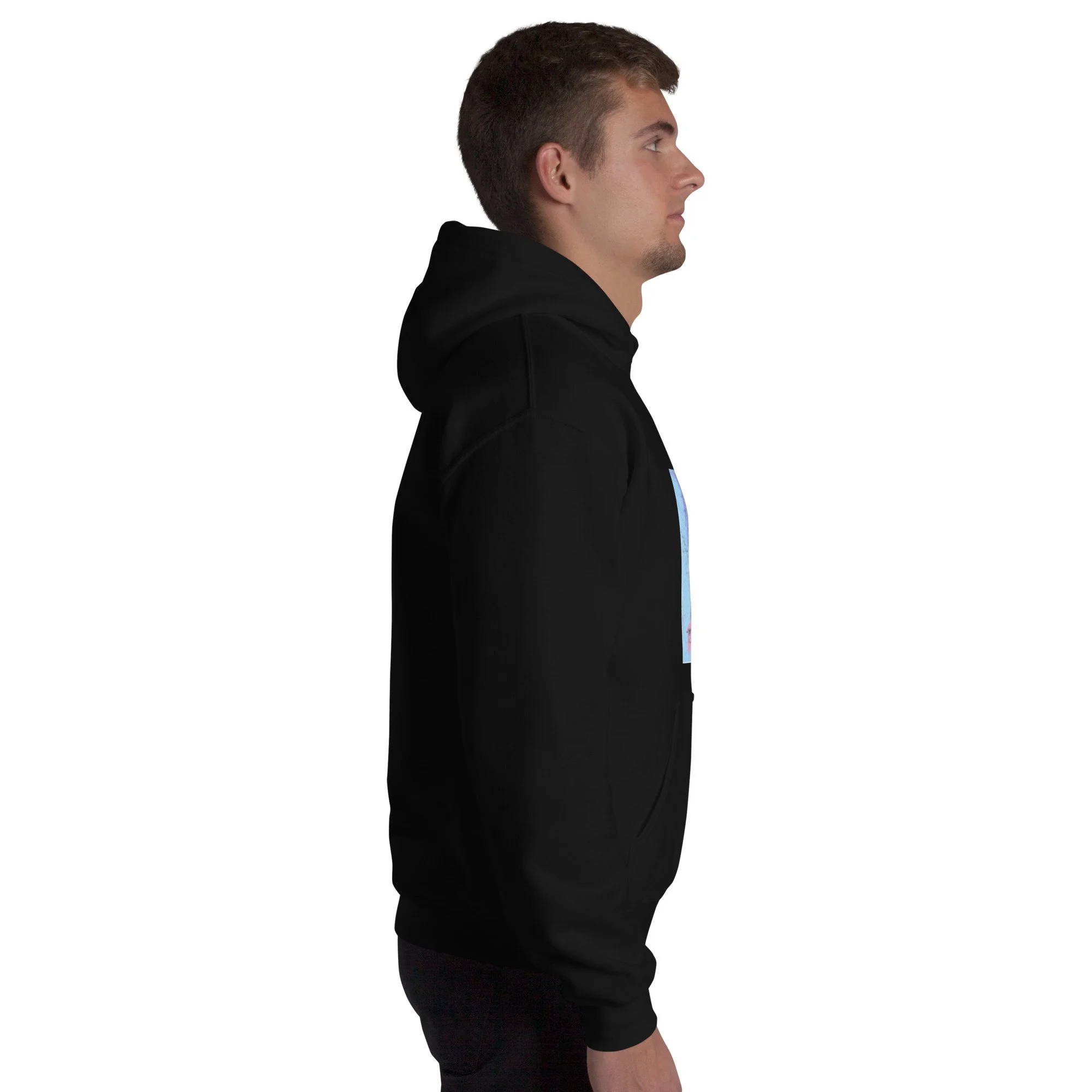 Man wearing black Fire Lane Jesus Silver Hoodie, side profile
