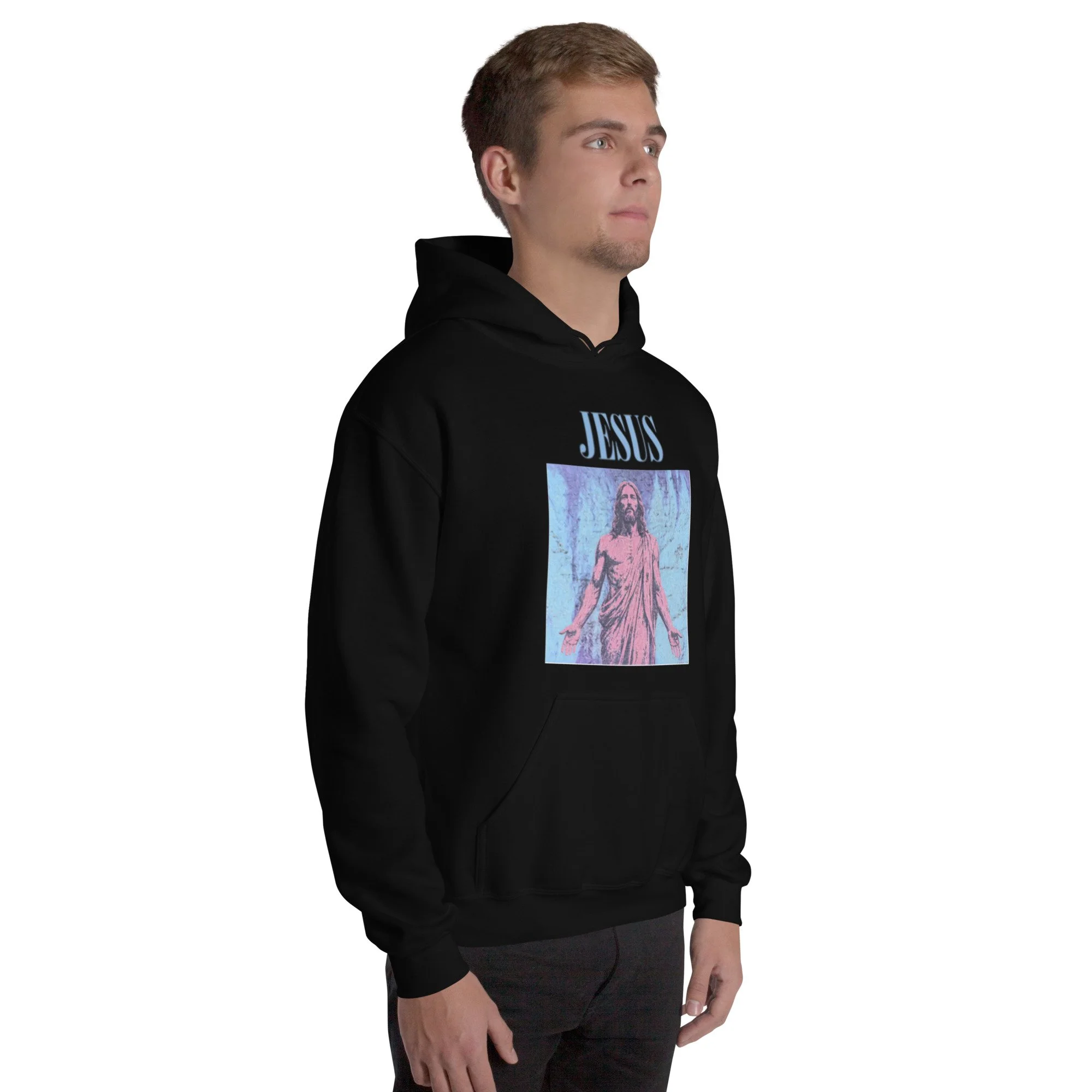 Man wearing black Fire Lane Jesus Silver Hoodie, angled front view