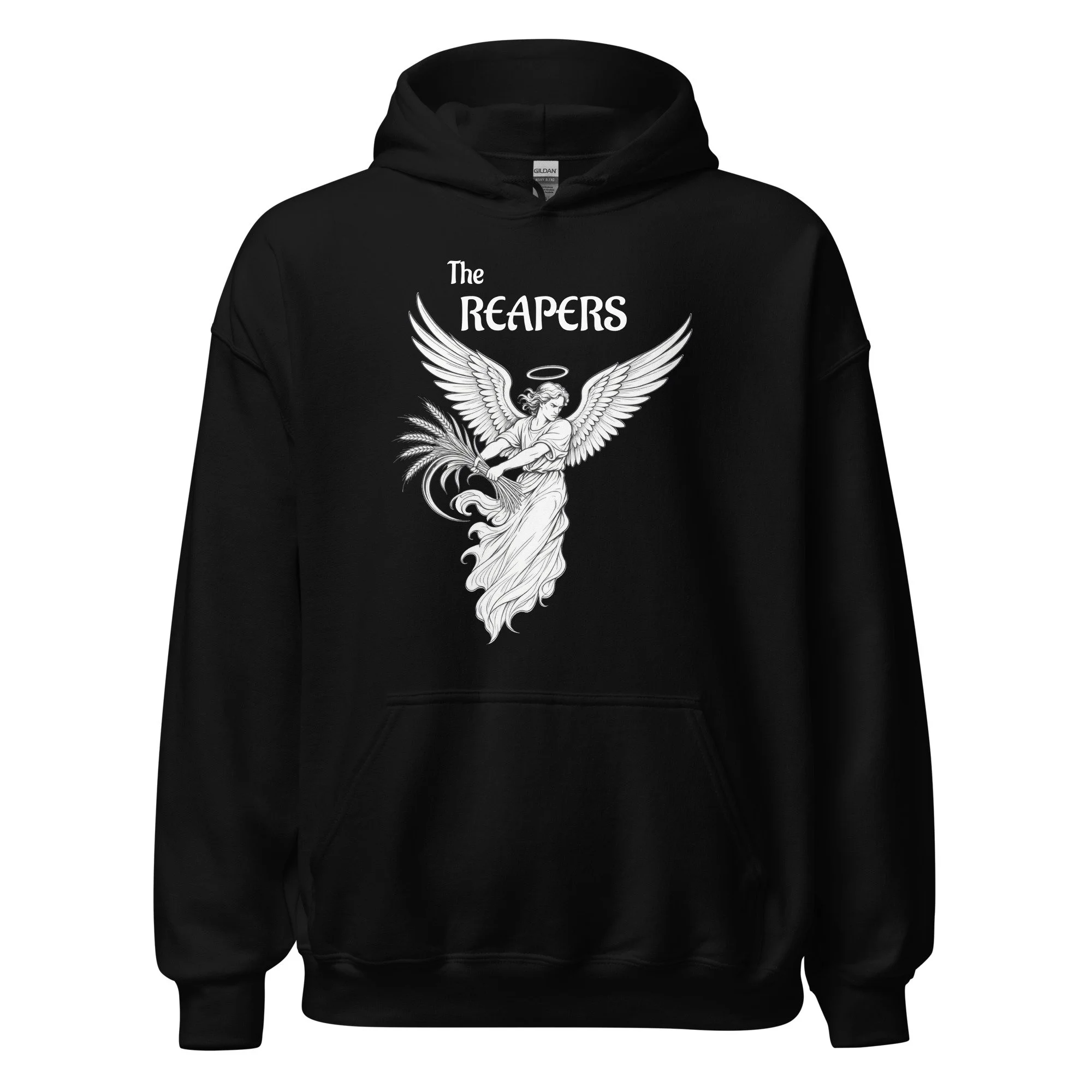 Black Fire Lane Reapers Hoodie, front view on hanger