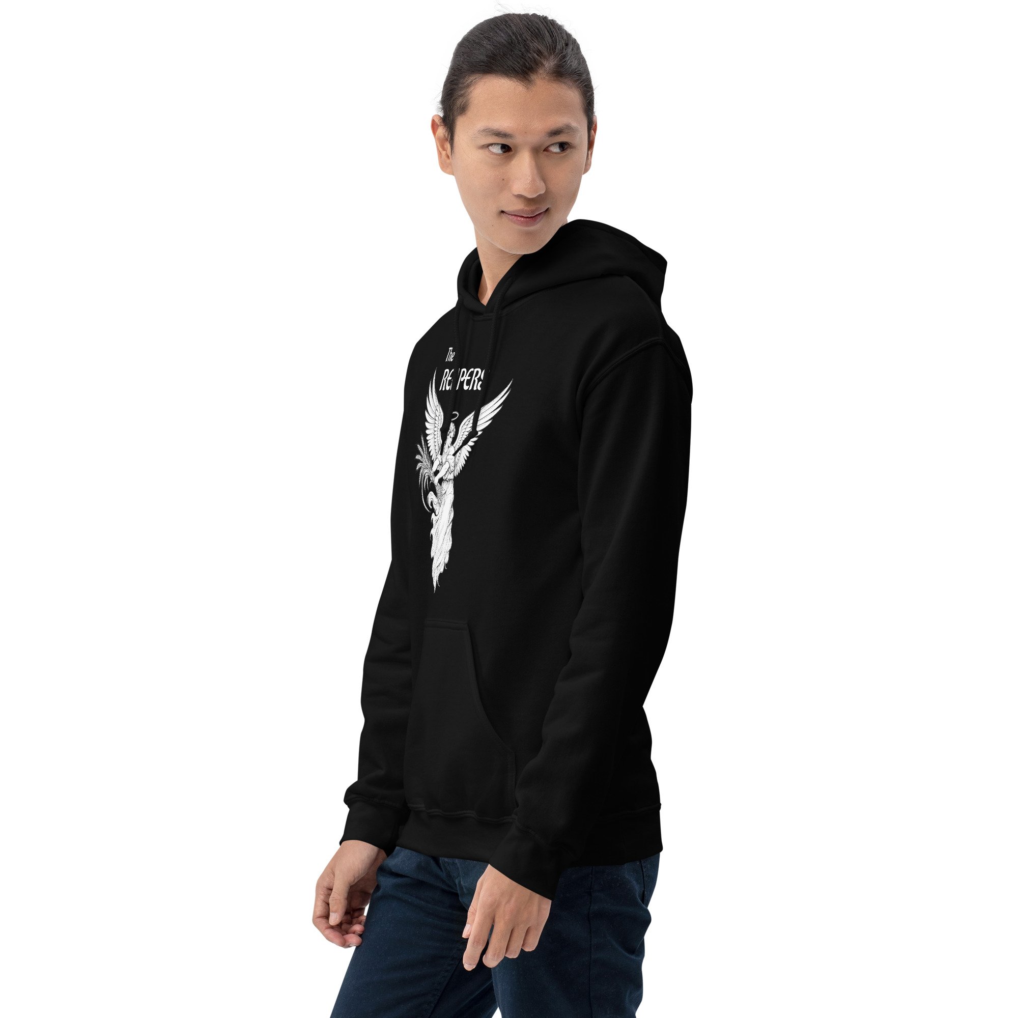 Model wearing black Fire Lane Reapers Hoodie, side view
