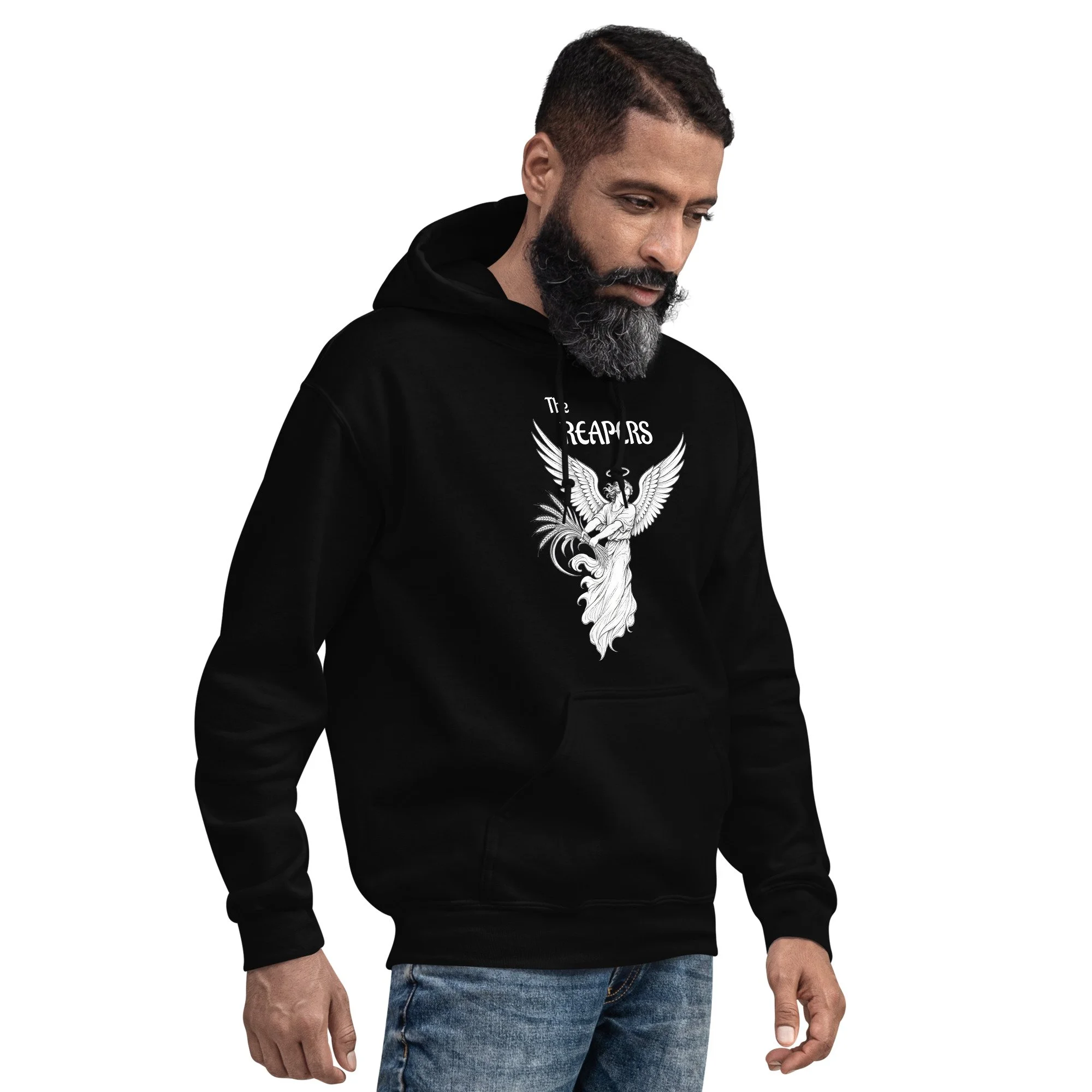 Man wearing black Fire Lane Reapers Hoodie, angled view