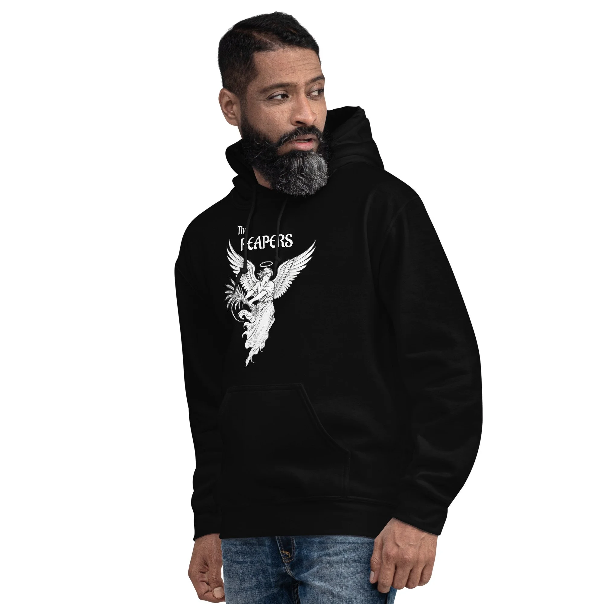 Man wearing black Fire Lane Reapers Hoodie, close-up view