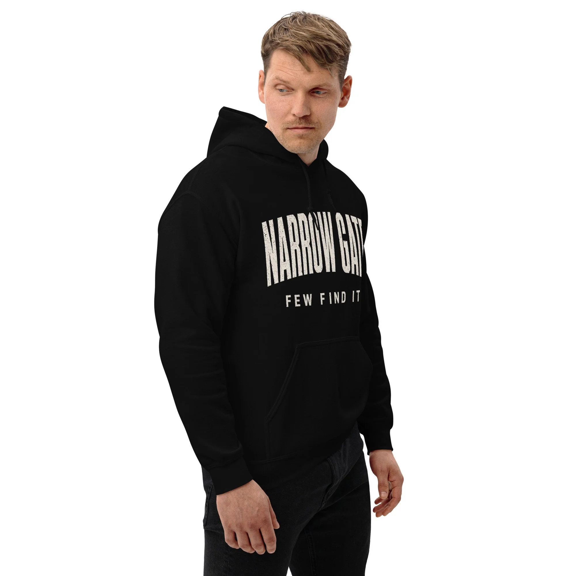 Man wearing black Fire Lane Narrow Gate Hoodie, close-up front