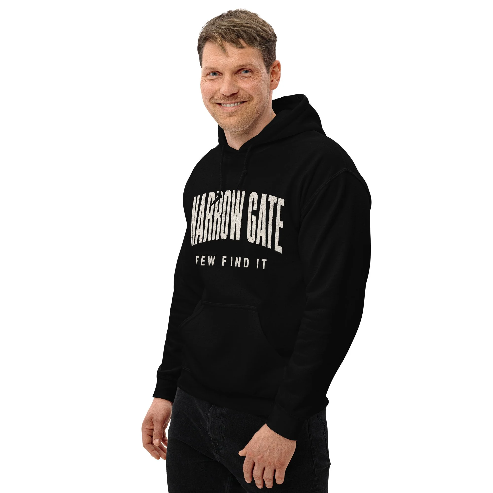 Man wearing black Fire Lane Narrow Gate Hoodie, angled view