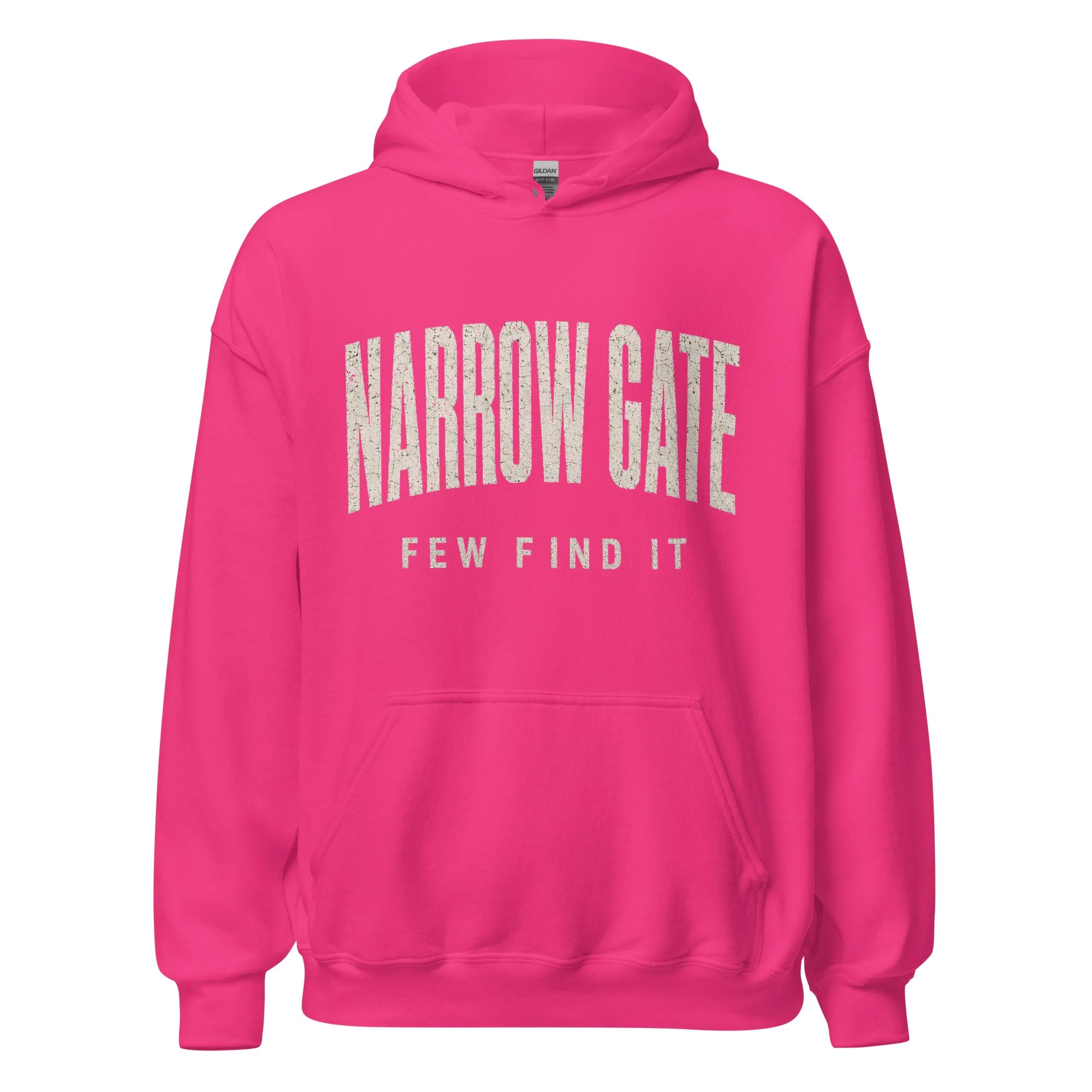 Pink Fire Lane Narrow Gate Hoodie, front view on hanger