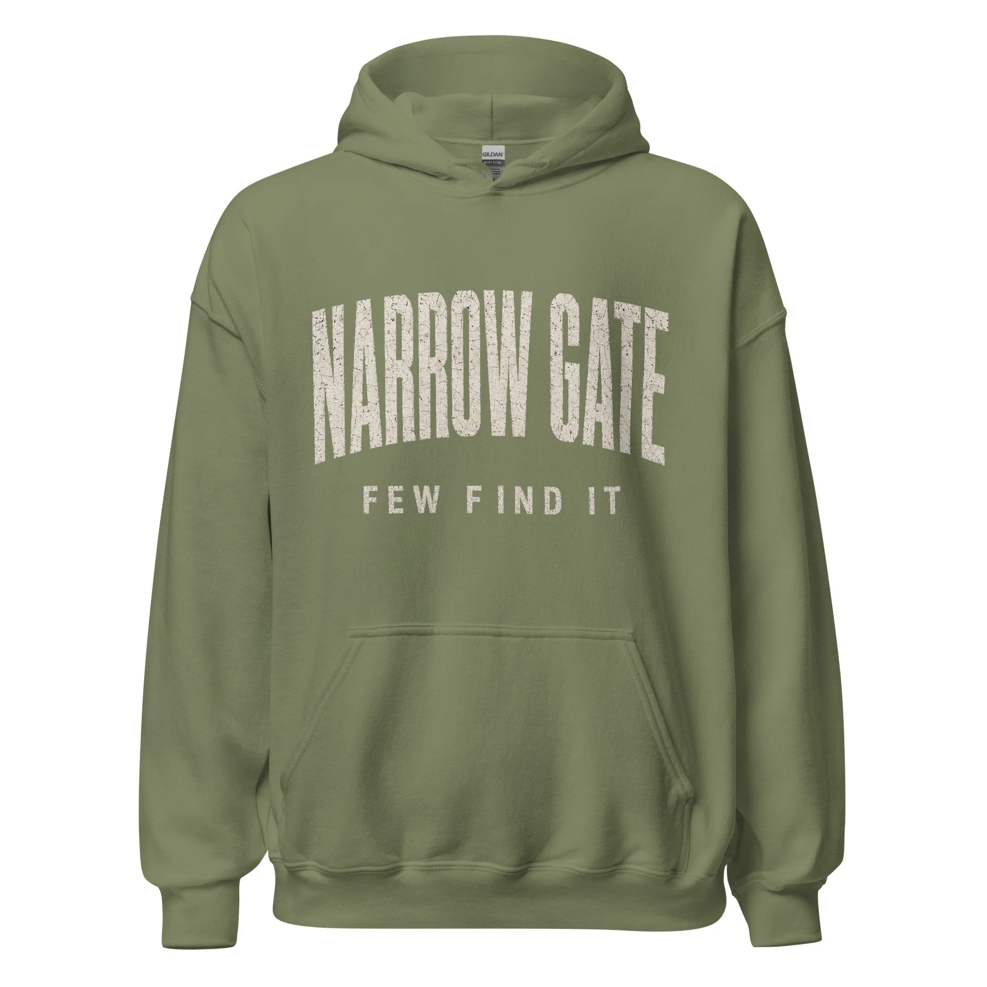 Olive Fire Lane Narrow Gate Hoodie, front view on hanger