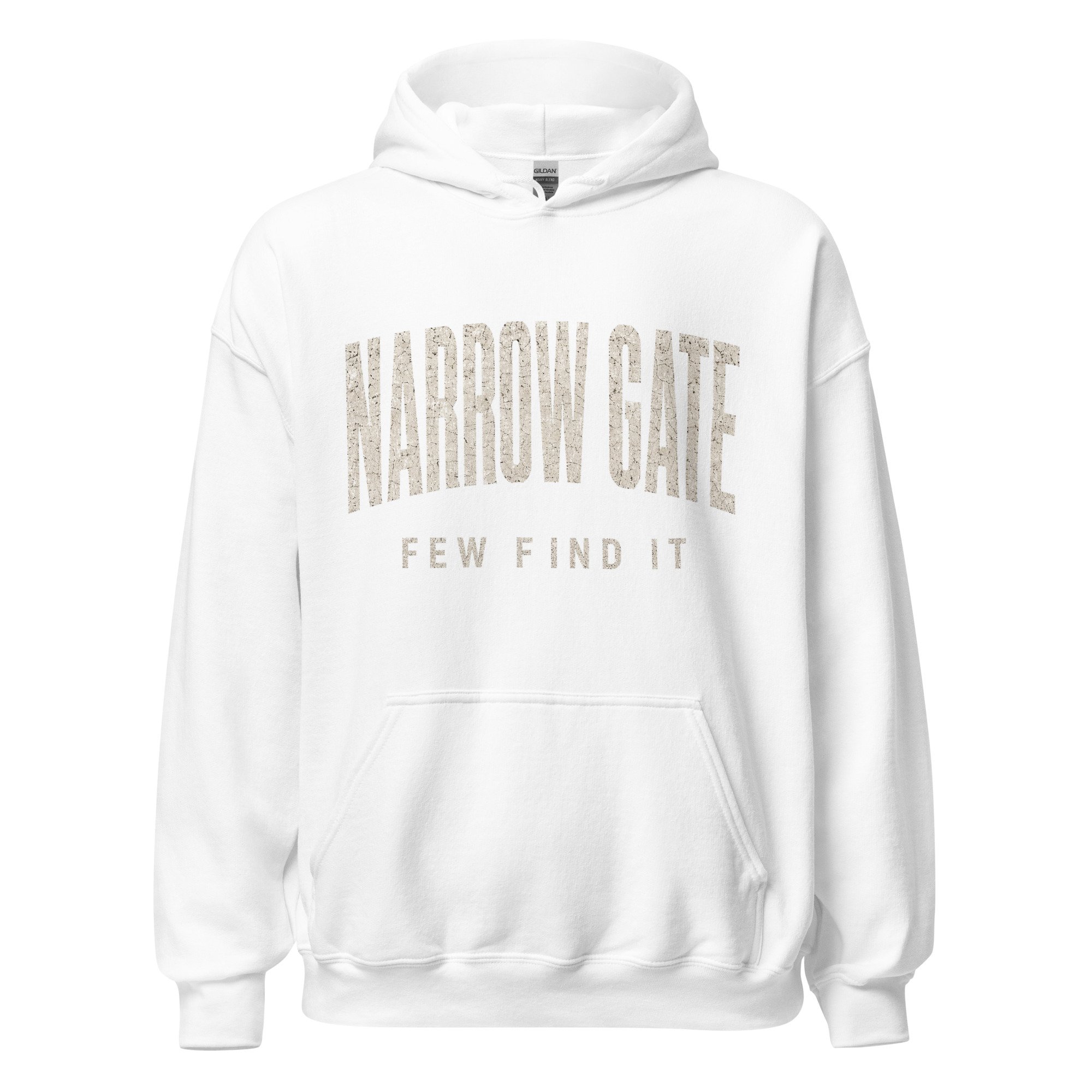 White Fire Lane Narrow Gate Hoodie, front view on hanger