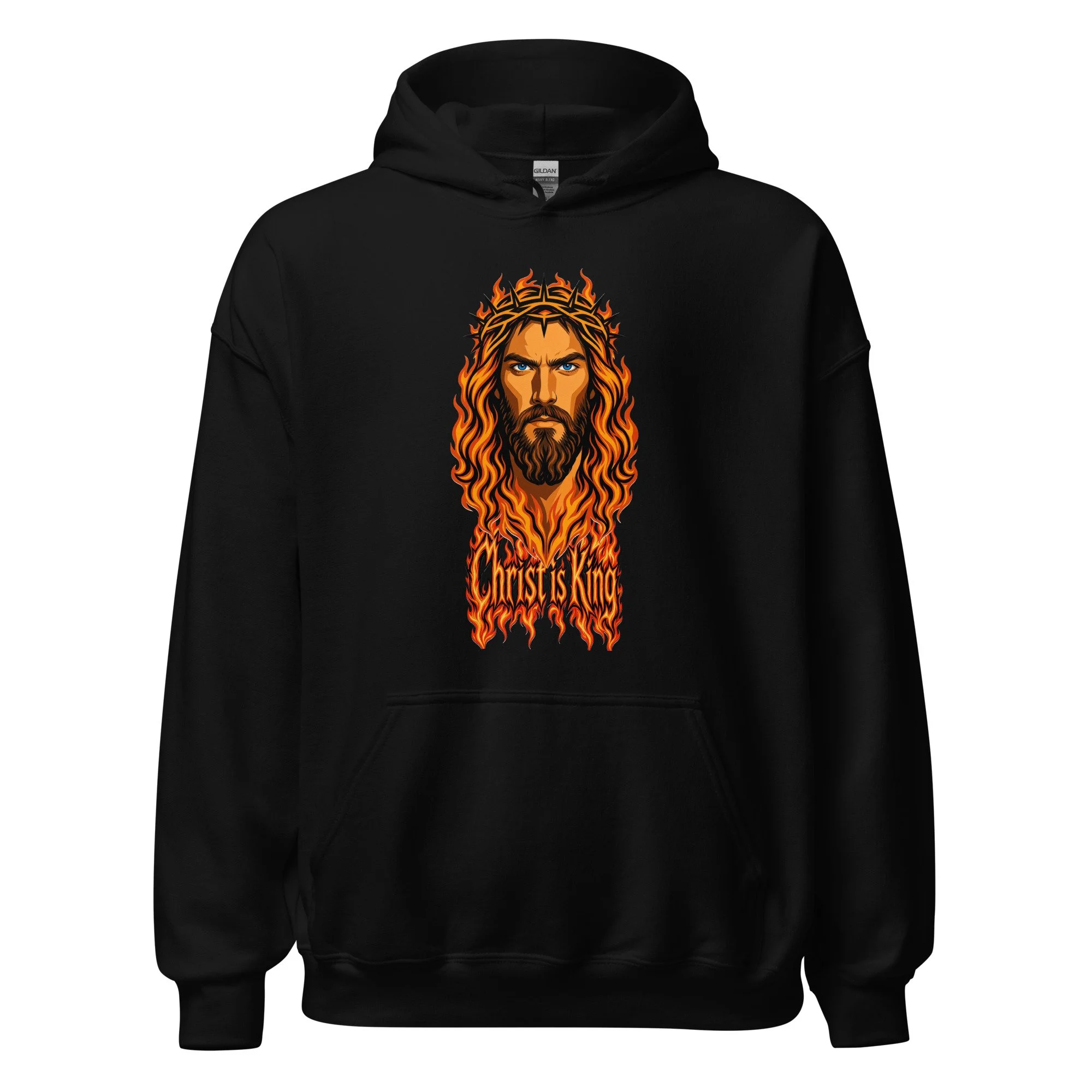 Black Fire Lane Christ is King Hoodie, front view on hanger