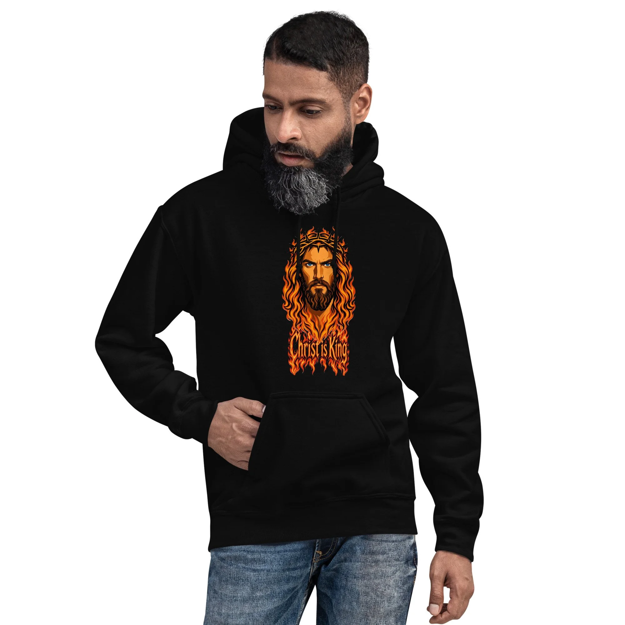 Man wearing black Fire Lane Christ is King Hoodie, front view