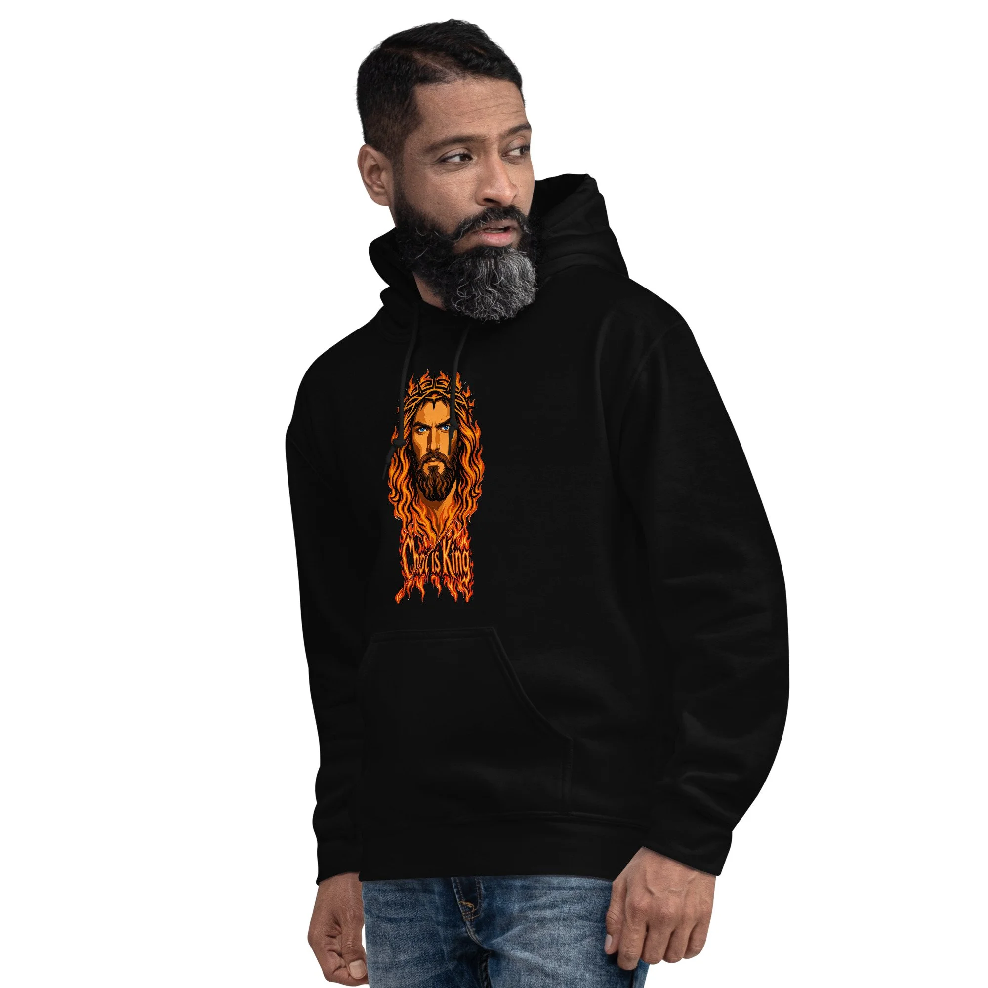 Man wearing black Fire Lane Christ is King Hoodie, close-up front