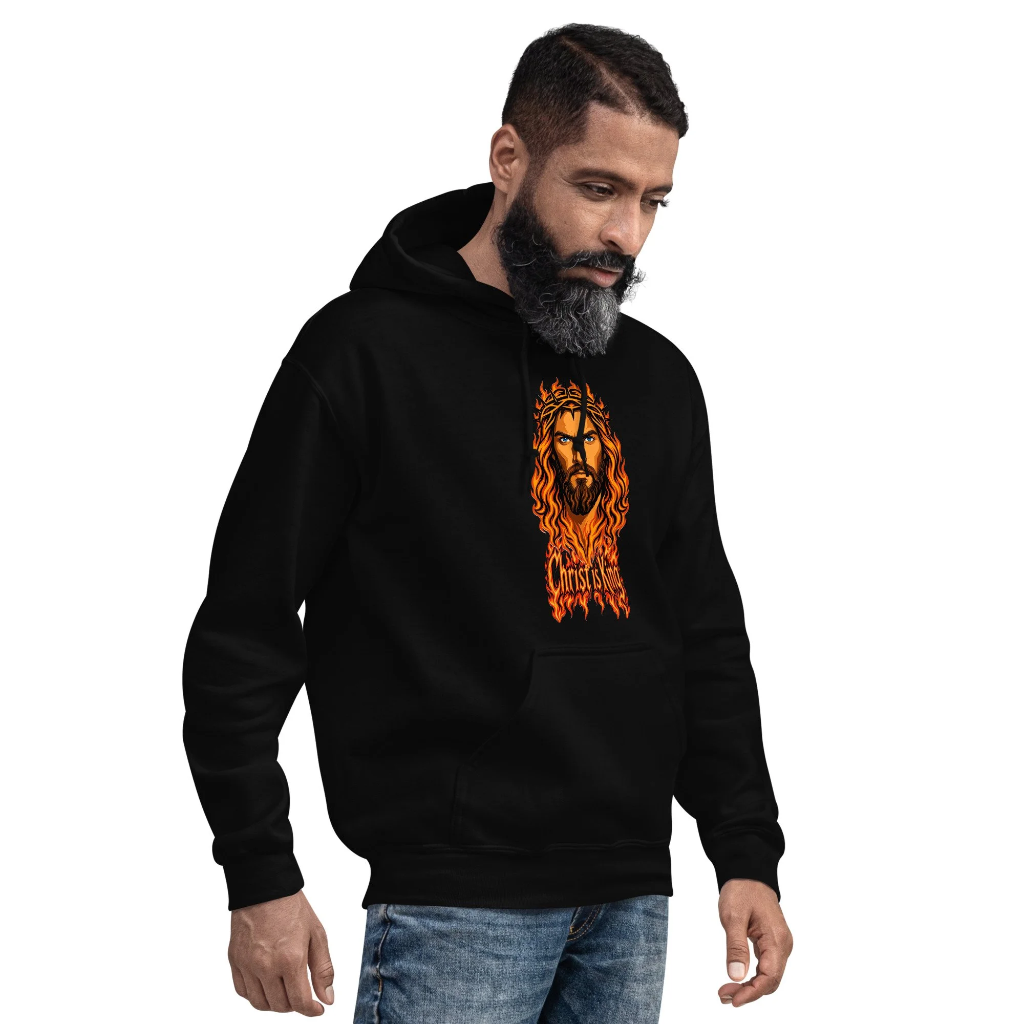 Man wearing black Fire Lane Christ is King Hoodie, angled view