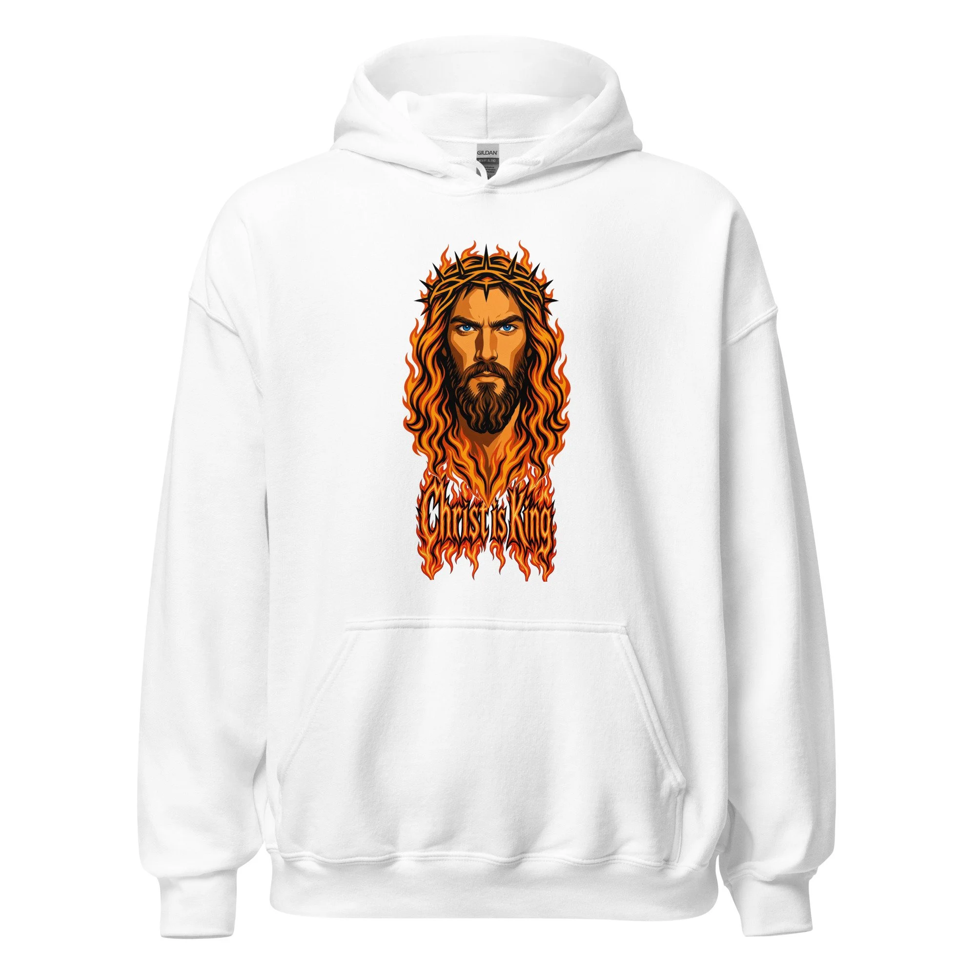 White Fire Lane Christ is King Hoodie, front view on hanger